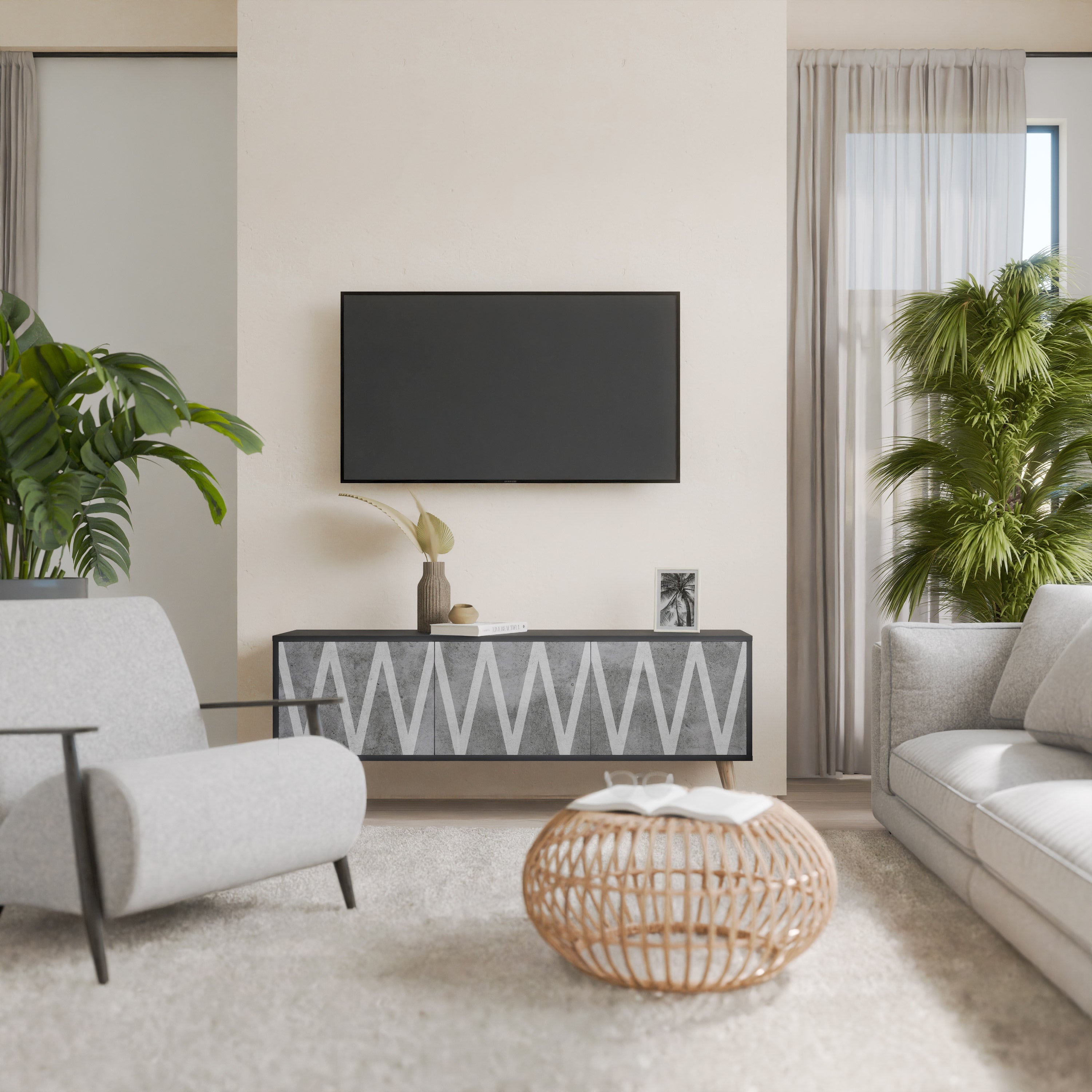 Meuble TV 3 portes SOLID ZIG ZAG finition noire