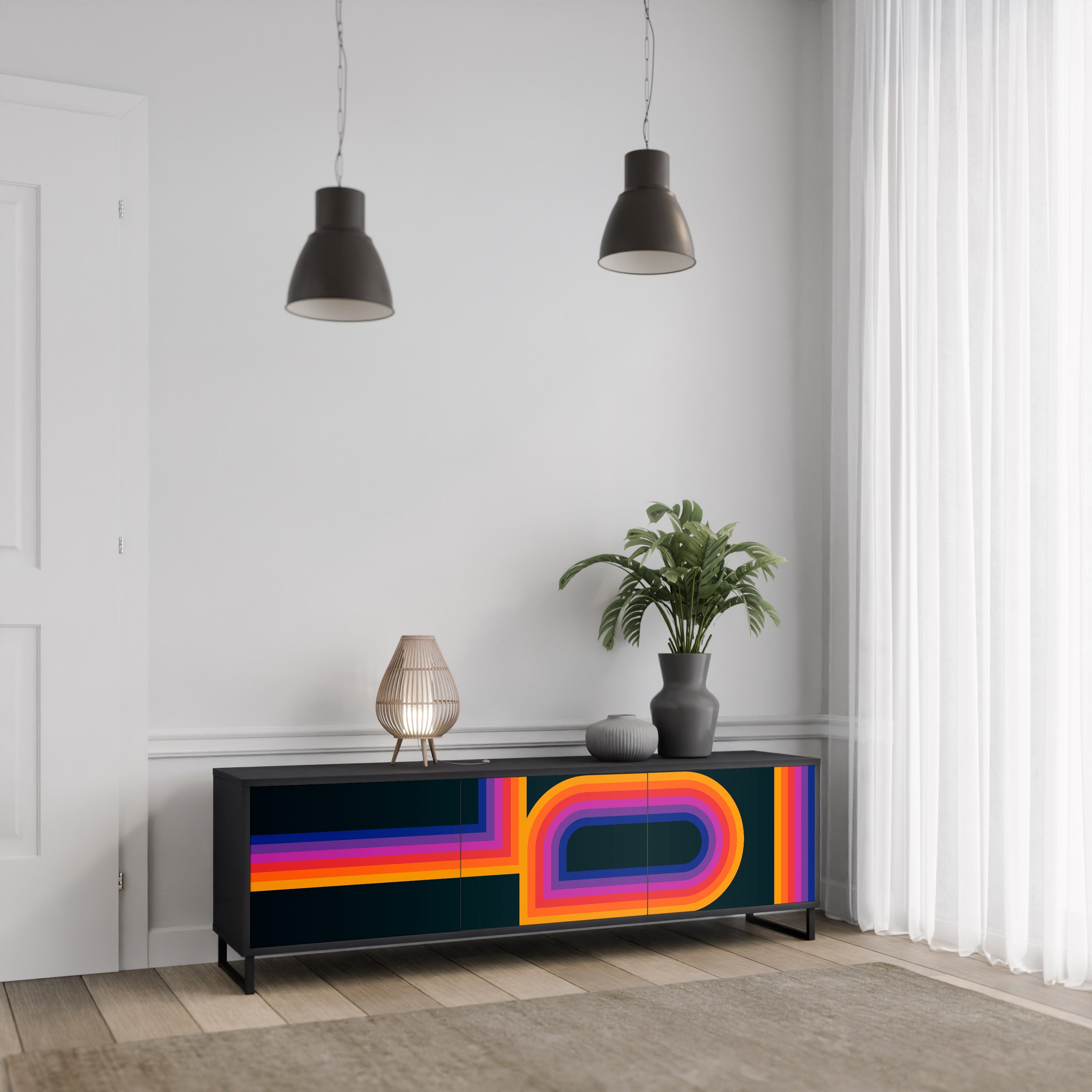 Meuble TV 3 portes BLINDED BY THE LIGHTS, finition noire