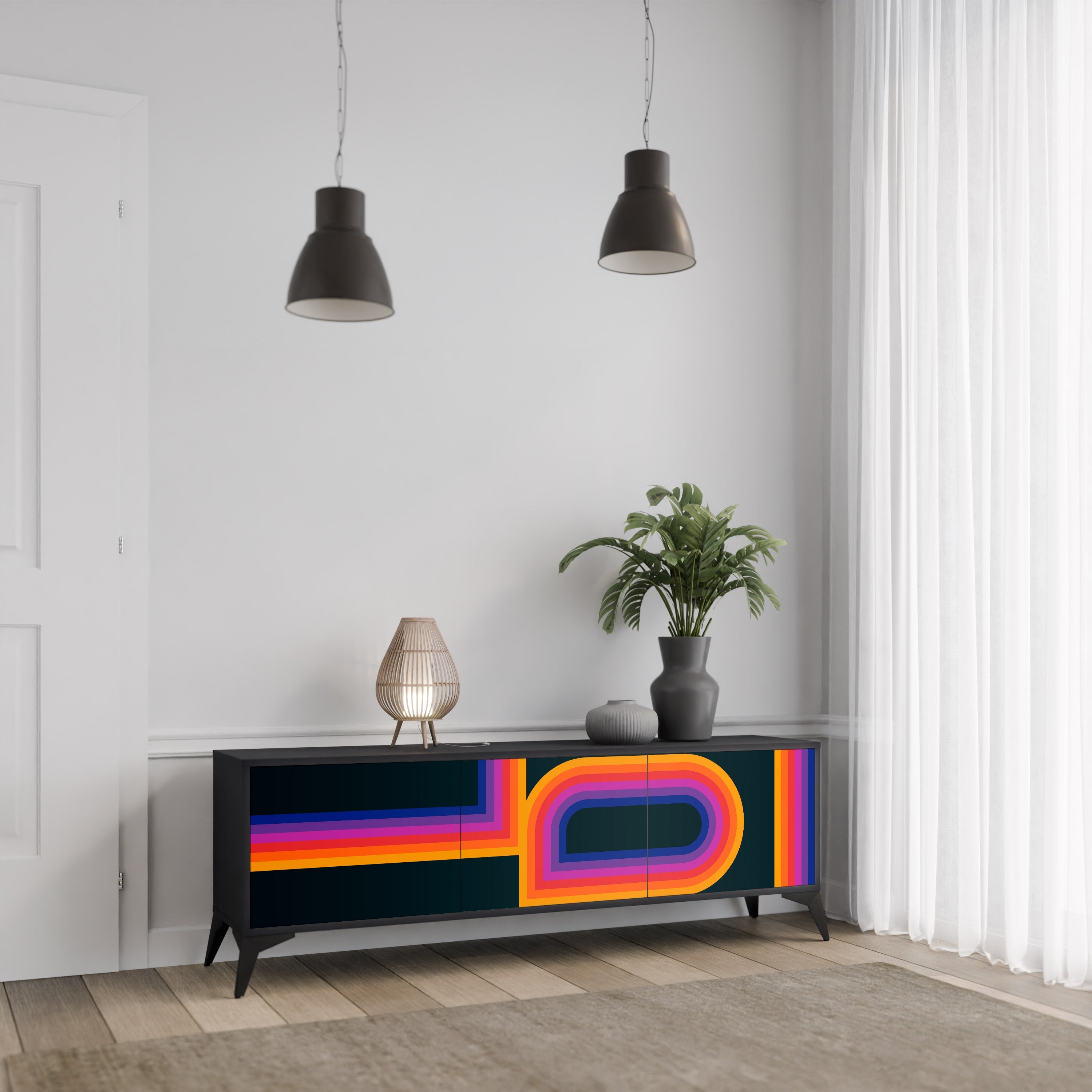 Meuble TV 3 portes BLINDED BY THE LIGHTS, finition noire