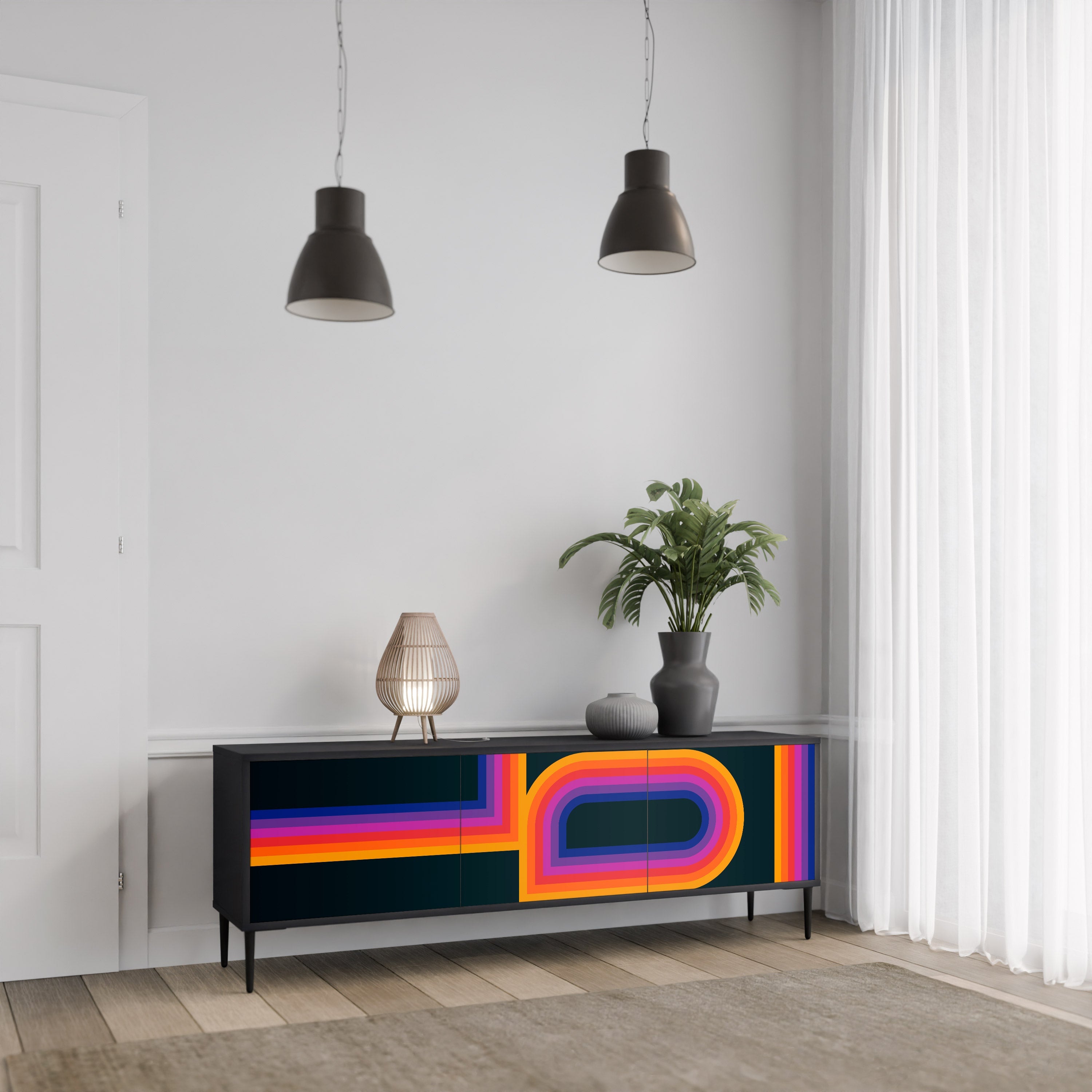 Meuble TV 3 portes BLINDED BY THE LIGHTS, finition noire