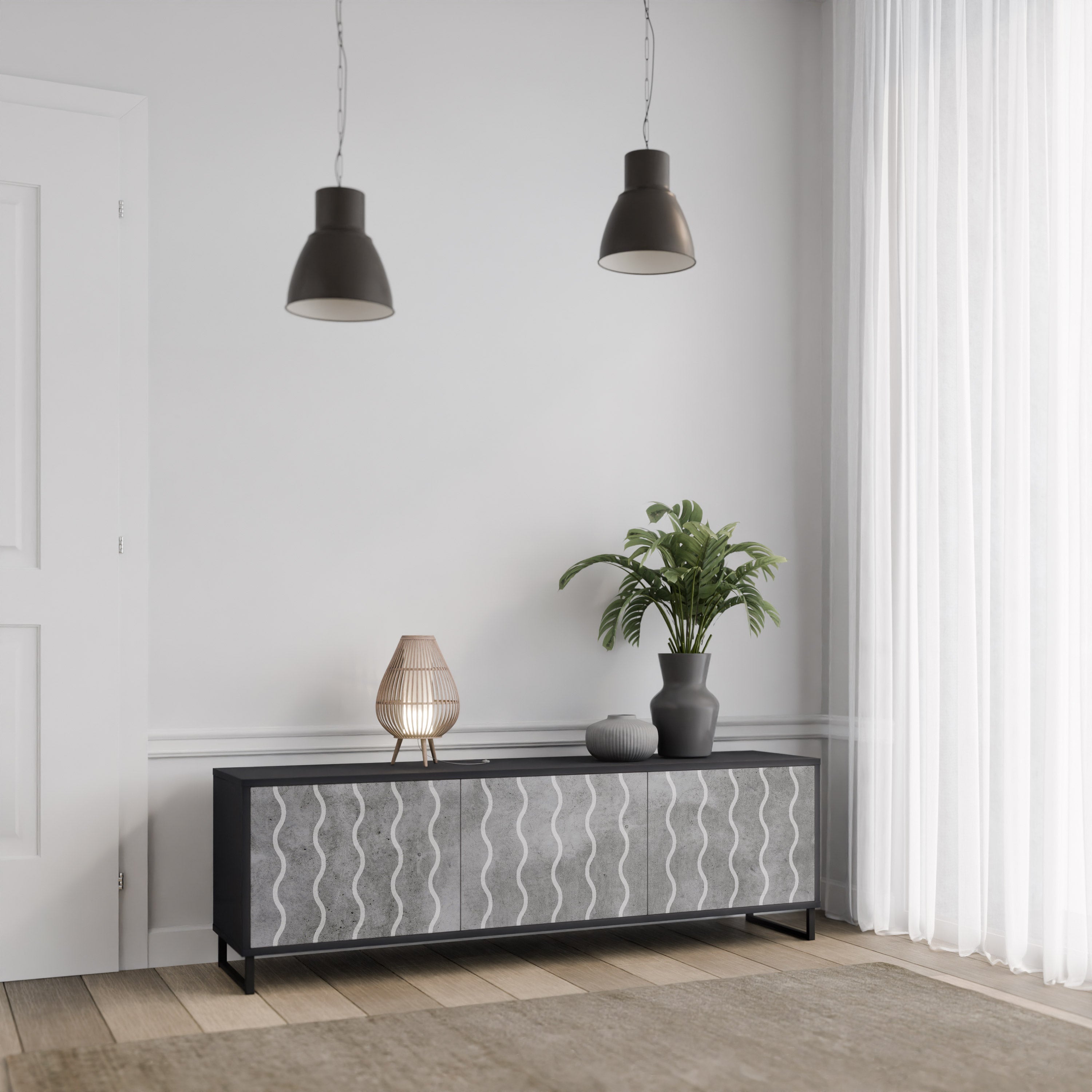 Meuble TV 3 portes WAVES OF CONCRETE en finition noire