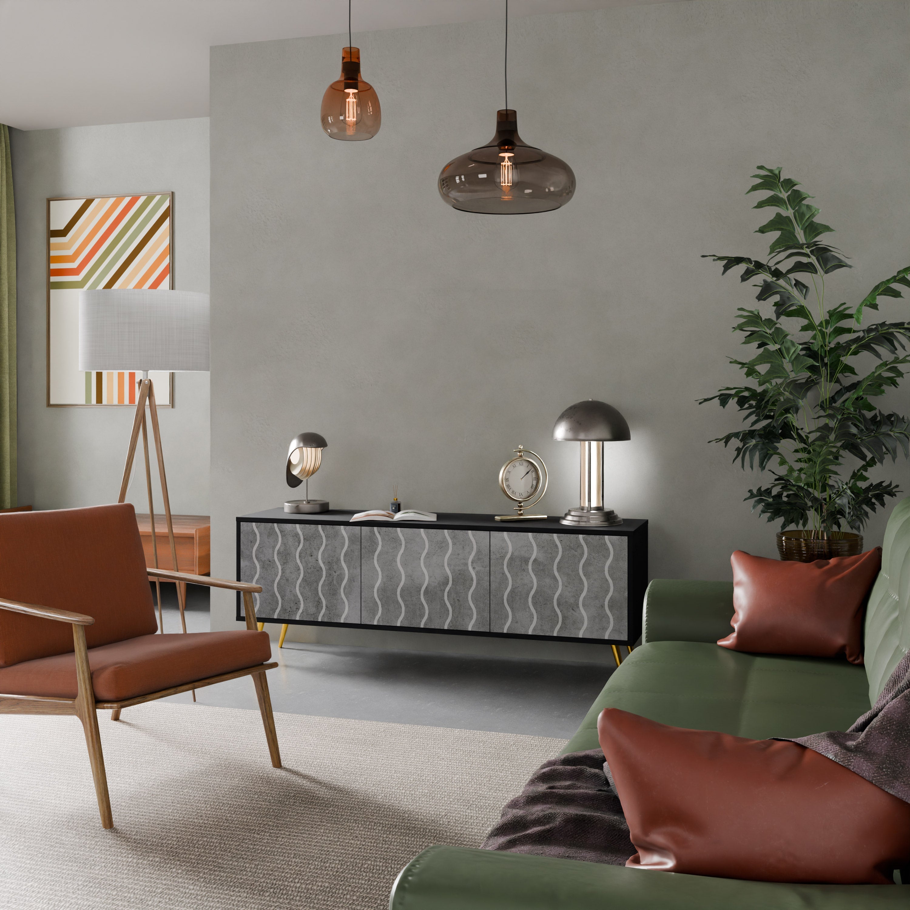 Meuble TV 3 portes WAVES OF CONCRETE en finition noire