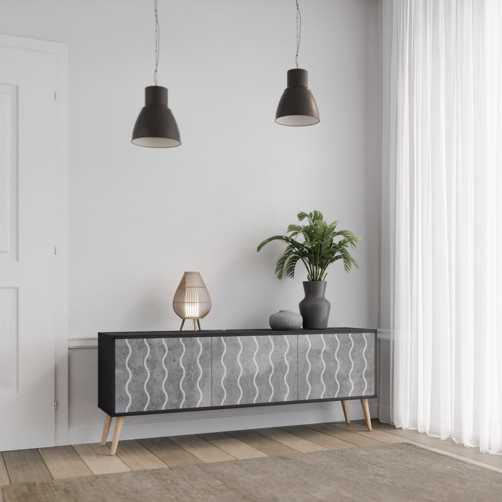 Meuble TV 3 portes WAVES OF CONCRETE en finition noire