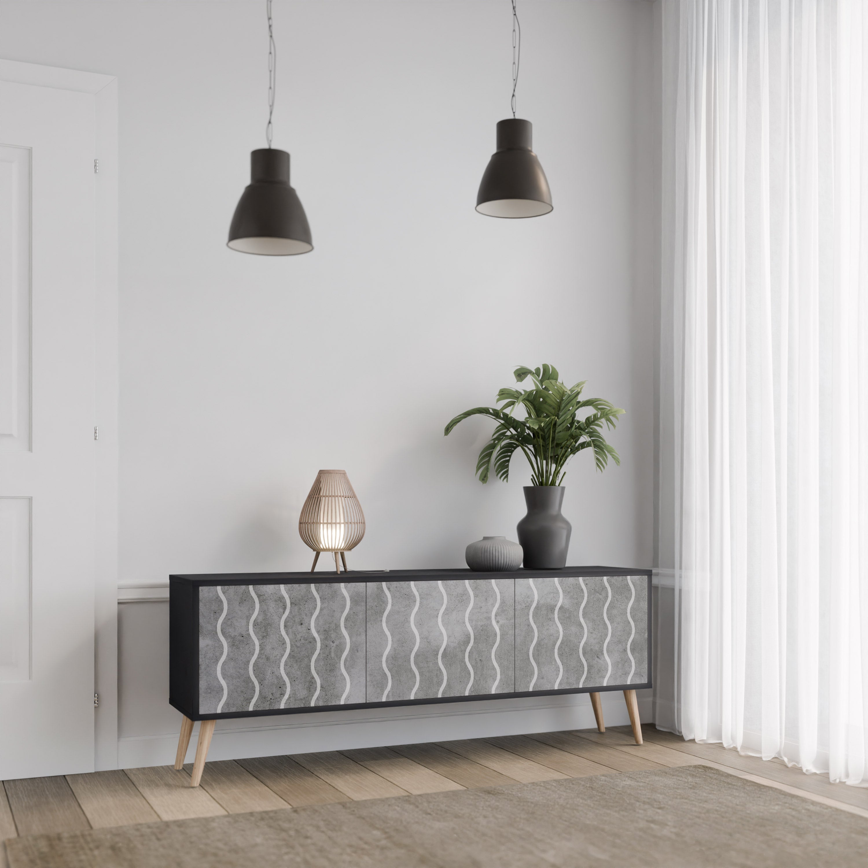 Meuble TV 3 portes WAVES OF CONCRETE en finition noire