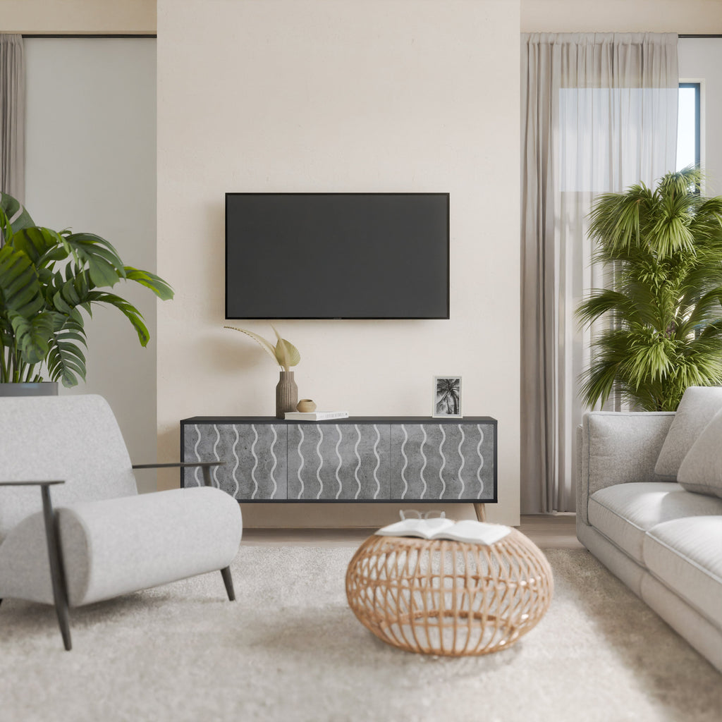 Meuble TV 3 portes WAVES OF CONCRETE en finition noire