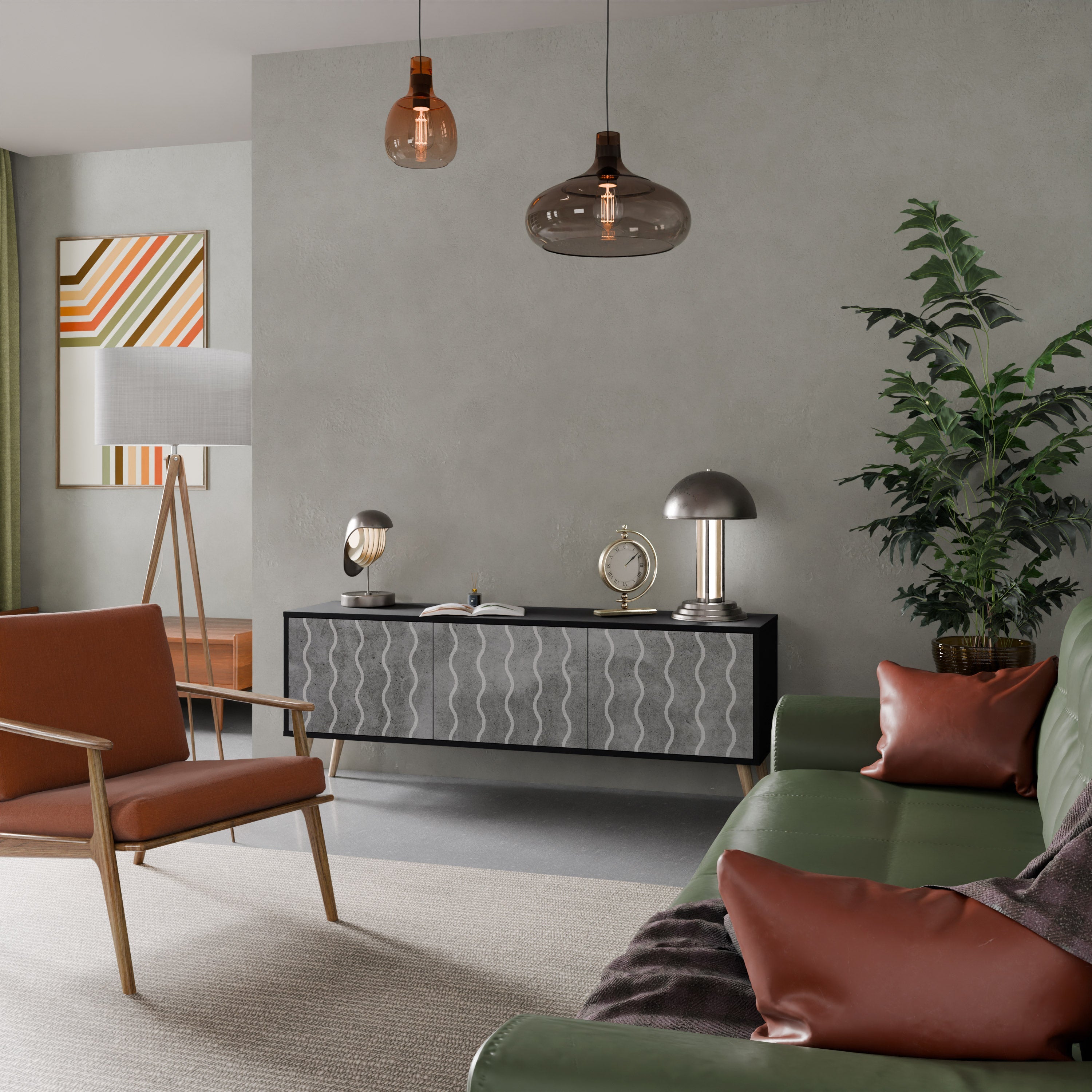 Meuble TV 3 portes WAVES OF CONCRETE en finition noire