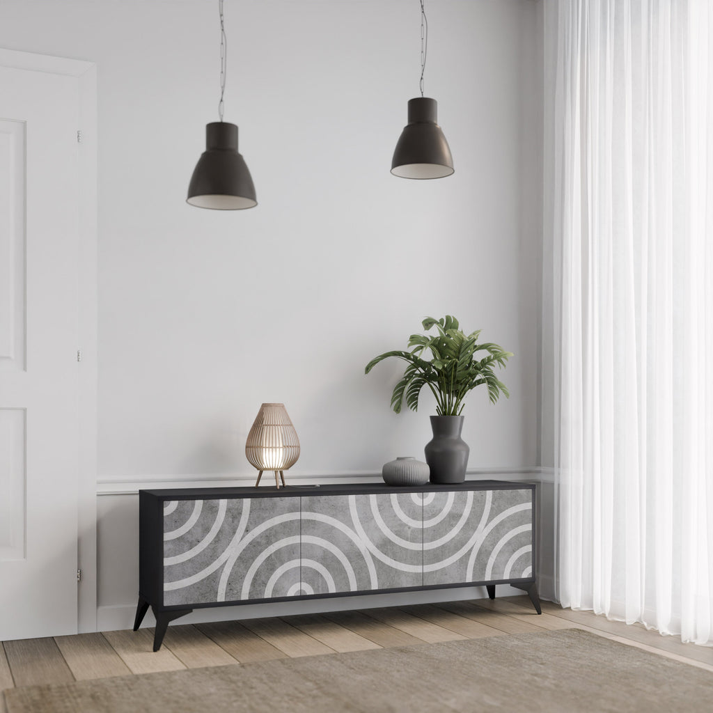 Meuble TV 3 portes CIRCLE CONCRETE en finition noire