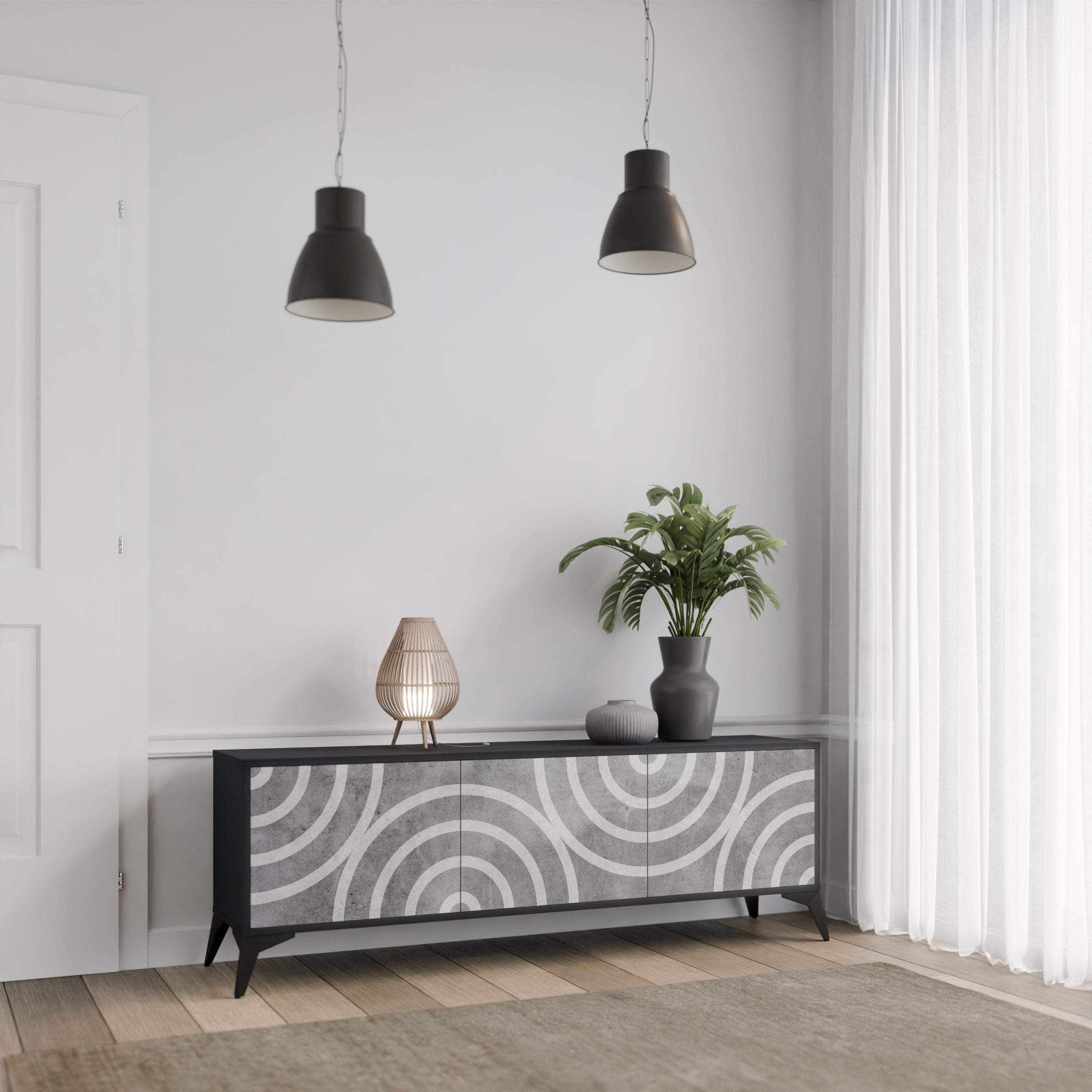 Meuble TV 3 portes CIRCLE CONCRETE en finition noire