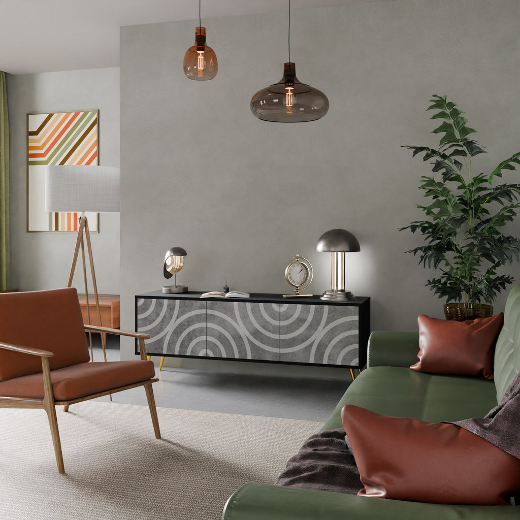 Meuble TV 3 portes CIRCLE CONCRETE en finition noire