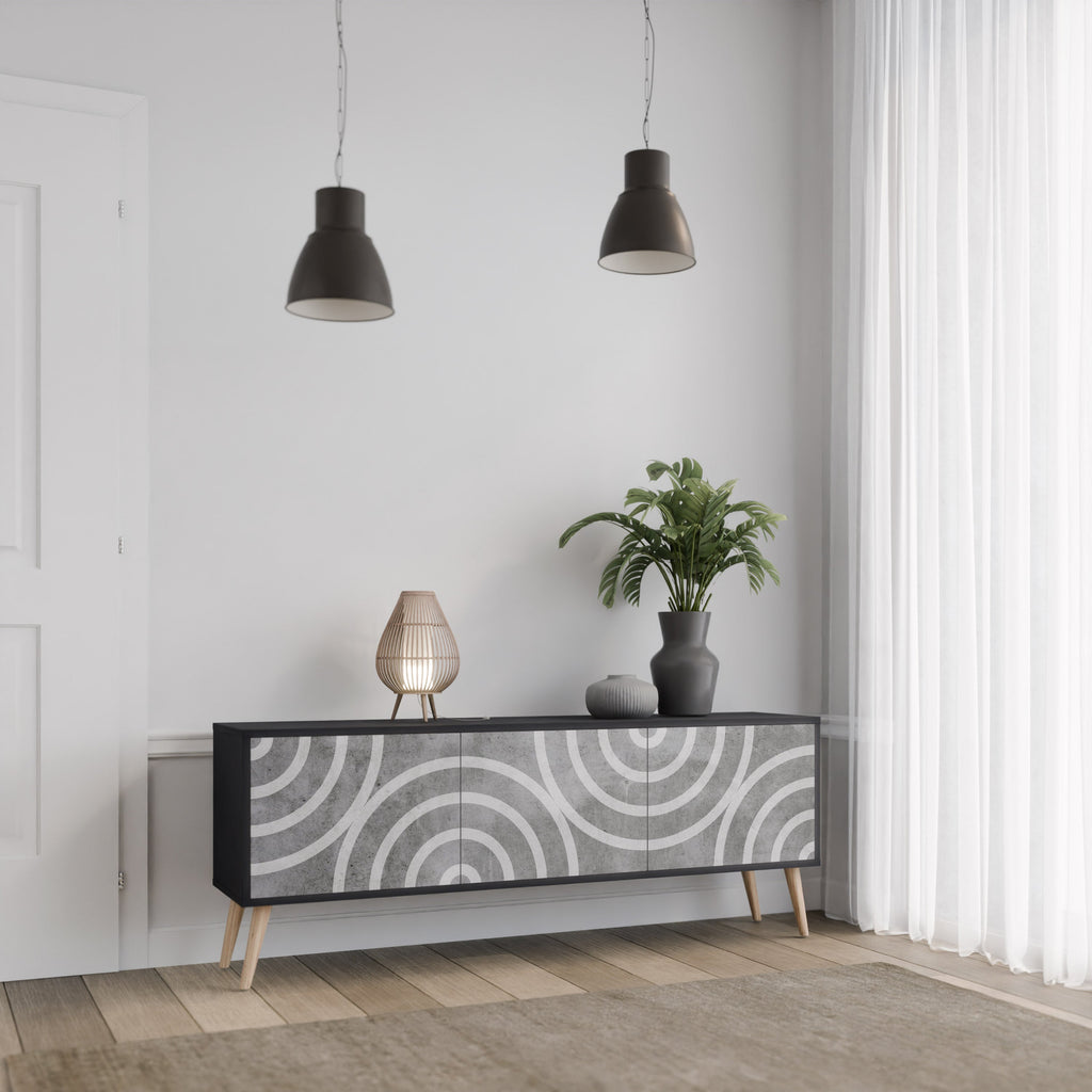 Meuble TV 3 portes CIRCLE CONCRETE en finition noire