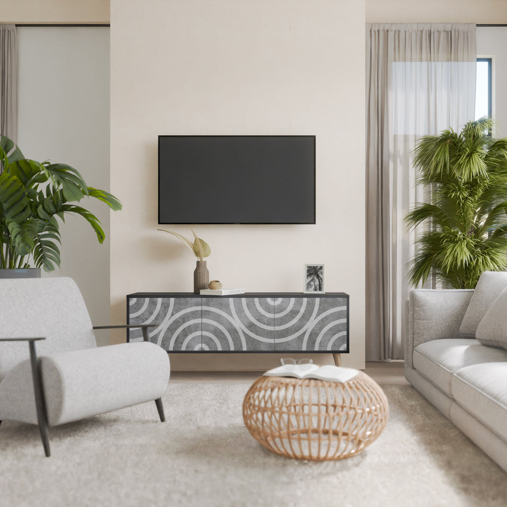 Meuble TV 3 portes CIRCLE CONCRETE en finition noire