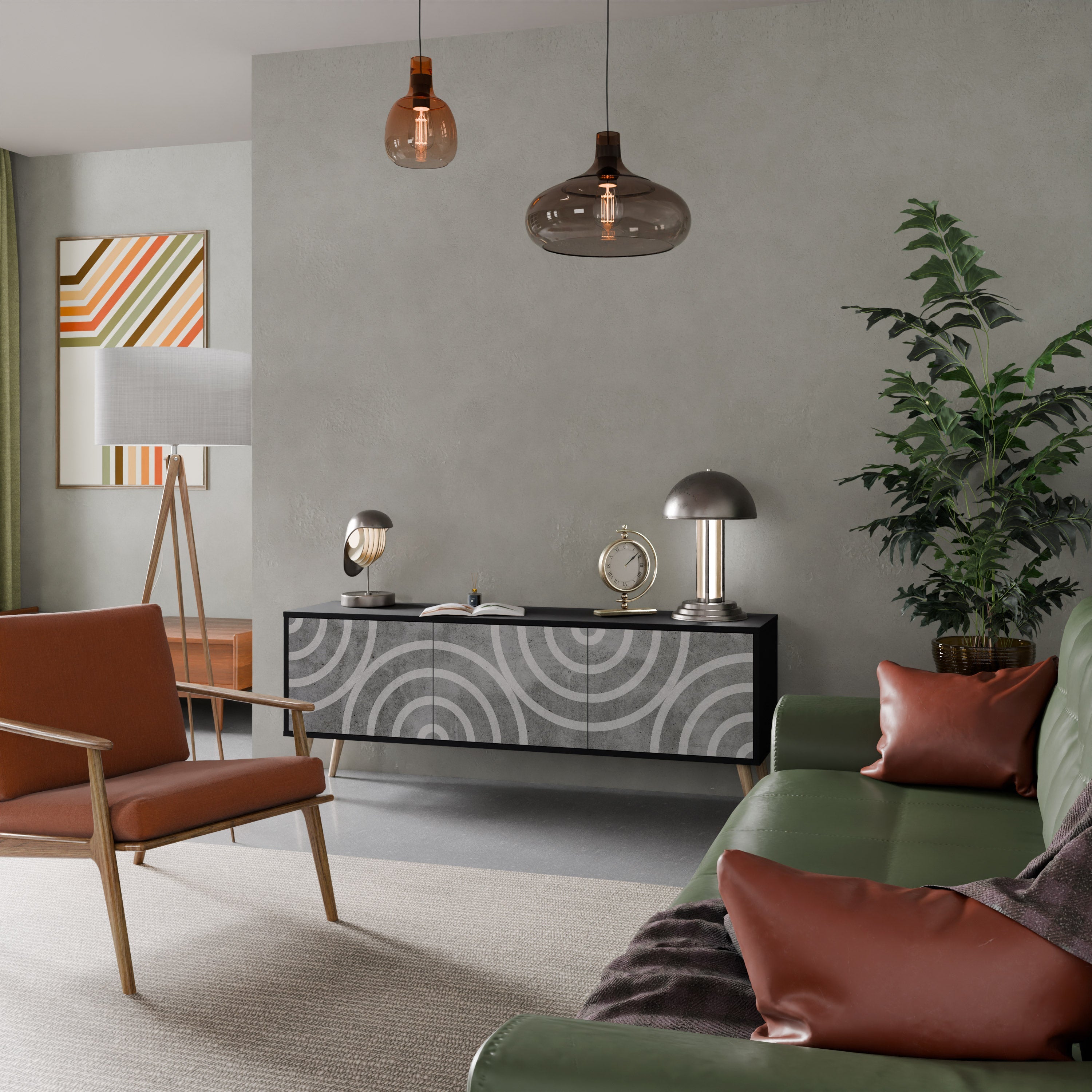 Meuble TV 3 portes CIRCLE CONCRETE en finition noire