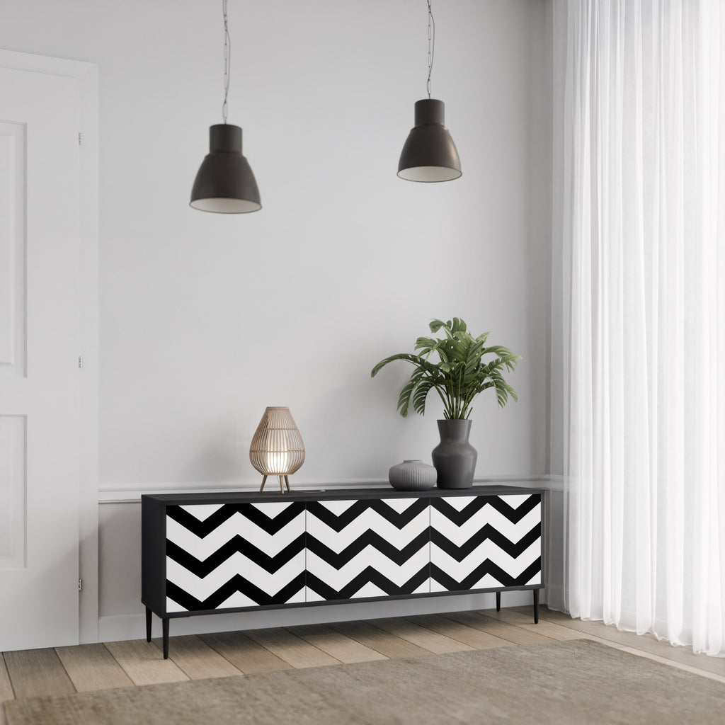 Meuble TV CLASSIC ZIG ZAG 3 portes en finition noire