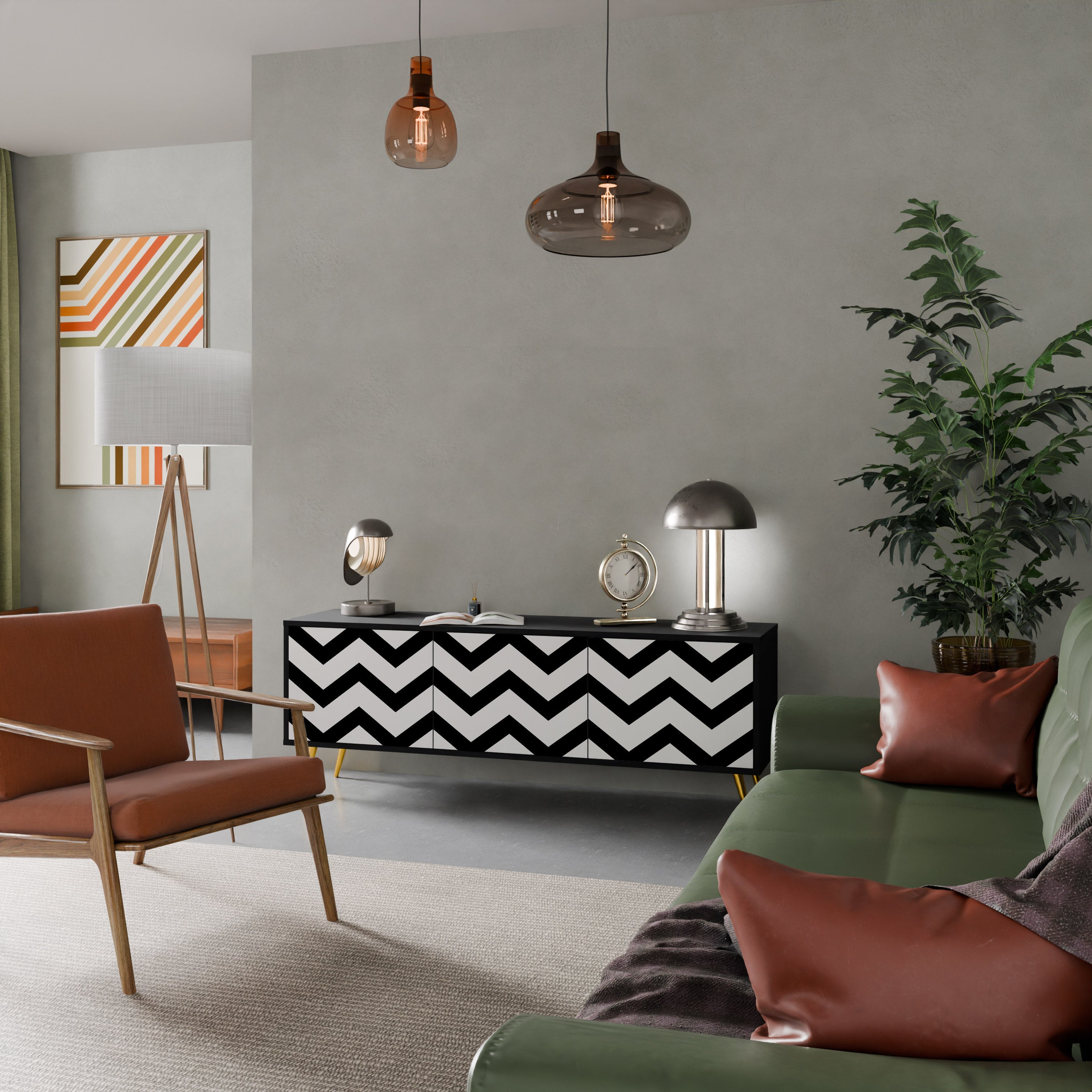 Meuble TV CLASSIC ZIG ZAG 3 portes en finition noire