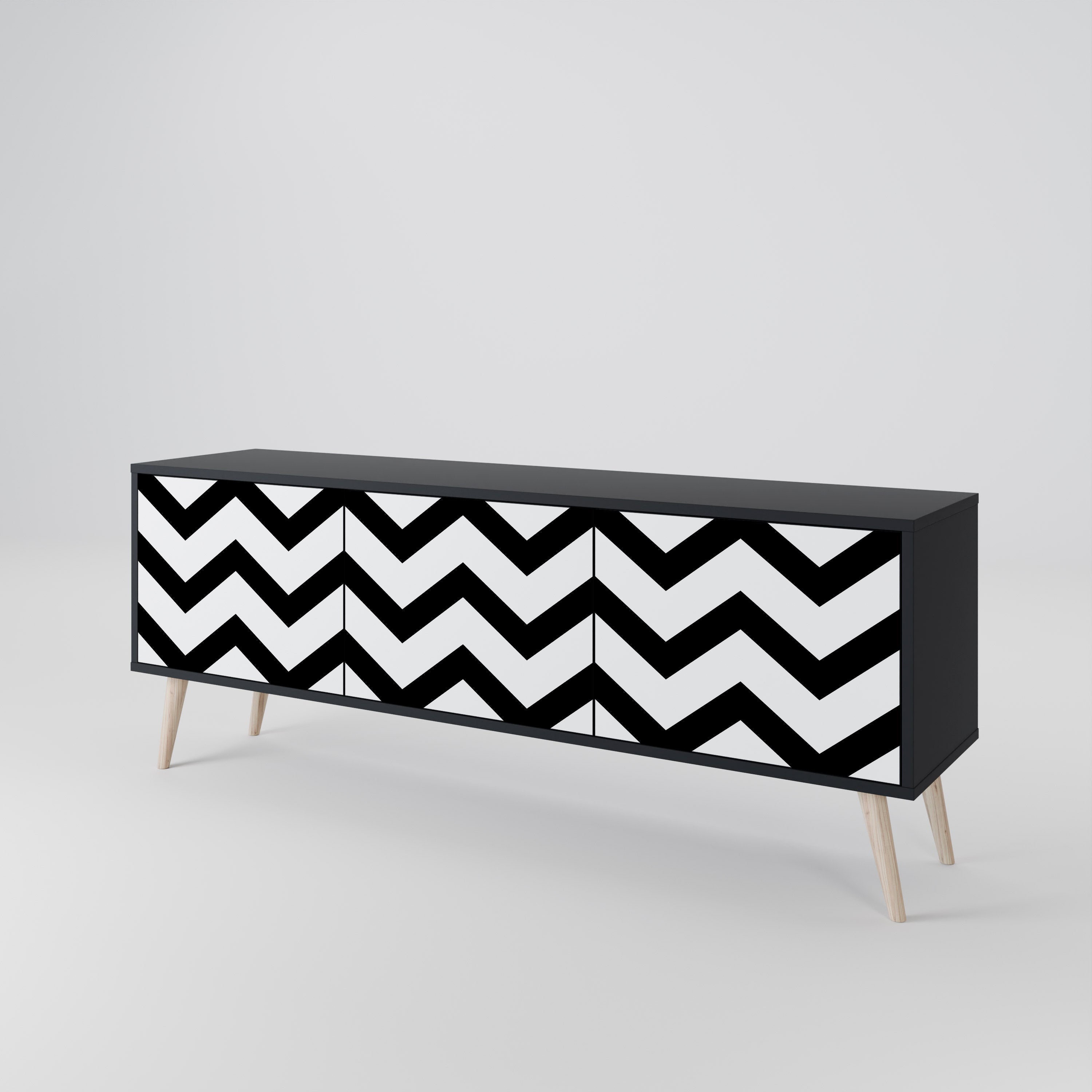 Meuble TV CLASSIC ZIG ZAG 3 portes en finition noire