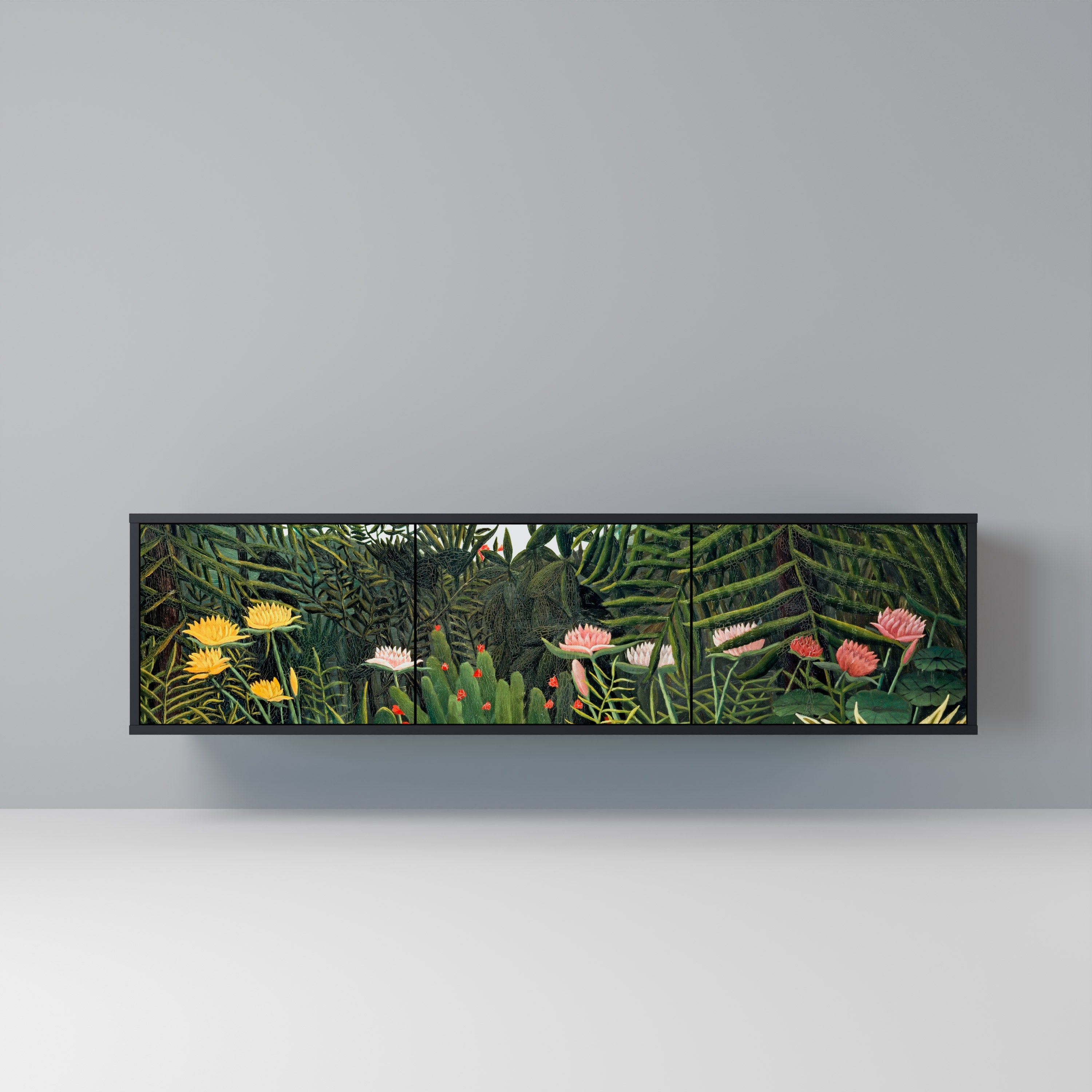 Meuble TV 3 portes FORÊT VIERGE AVEC COUCHER DE SOLEIL en finition noire