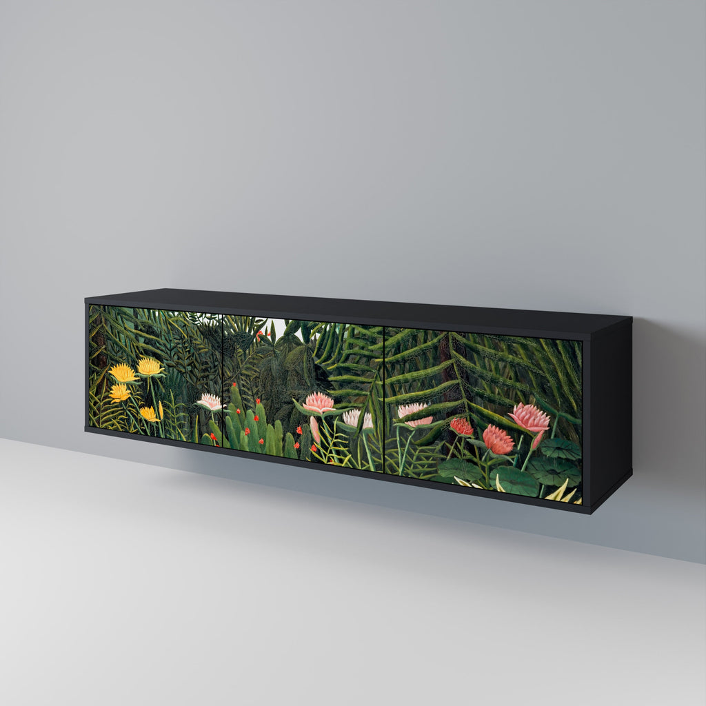 Meuble TV 3 portes FORÊT VIERGE AVEC COUCHER DE SOLEIL en finition noire