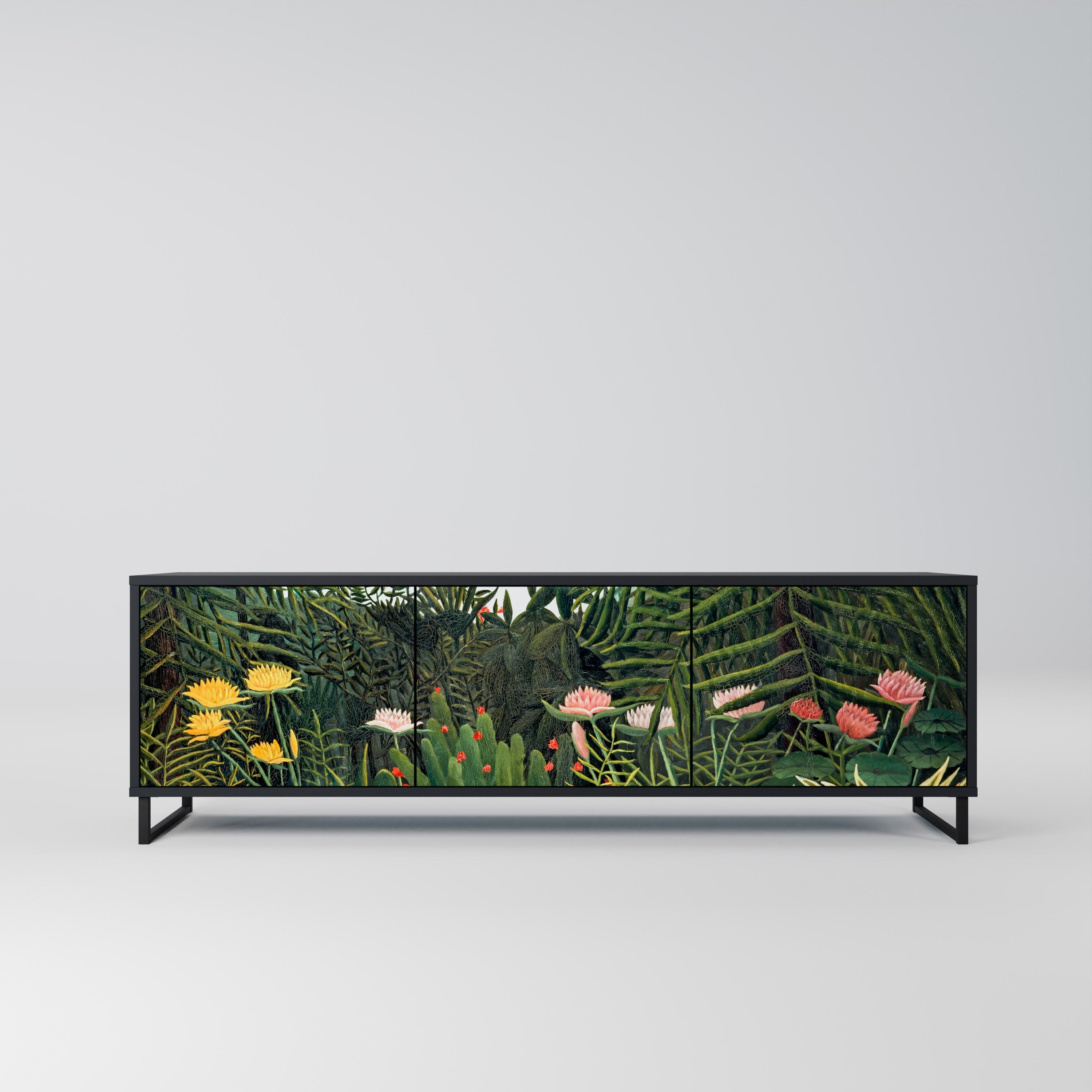 Meuble TV 3 portes FORÊT VIERGE AVEC COUCHER DE SOLEIL en finition noire