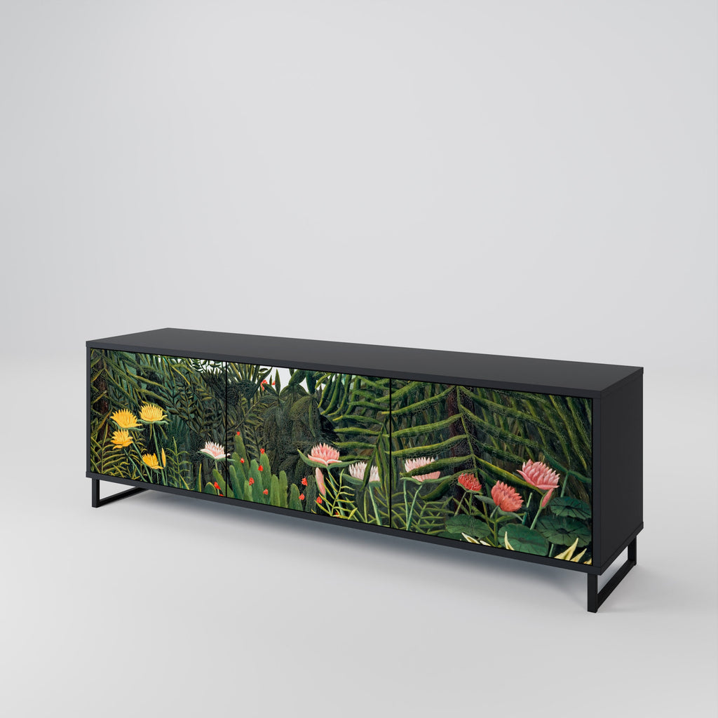 Meuble TV 3 portes FORÊT VIERGE AVEC COUCHER DE SOLEIL en finition noire