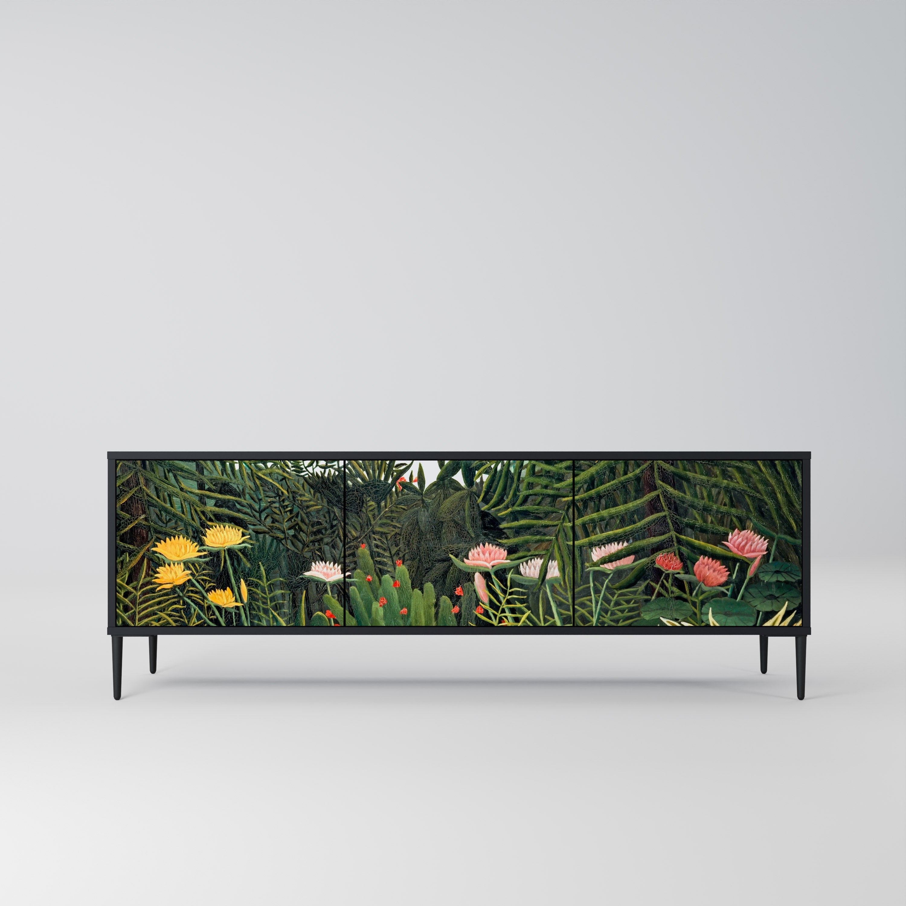 Meuble TV 3 portes FORÊT VIERGE AVEC COUCHER DE SOLEIL en finition noire