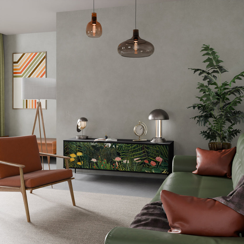 Meuble TV 3 portes FORÊT VIERGE AVEC COUCHER DE SOLEIL en finition noire