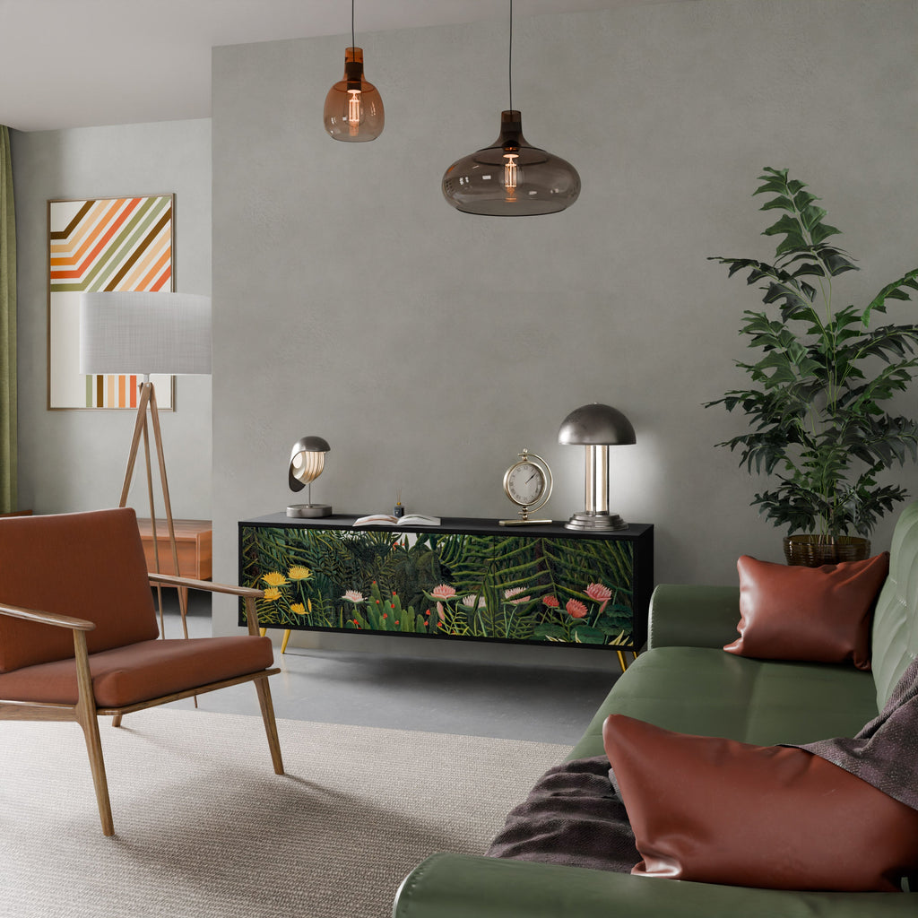 Meuble TV 3 portes FORÊT VIERGE AVEC COUCHER DE SOLEIL en finition noire