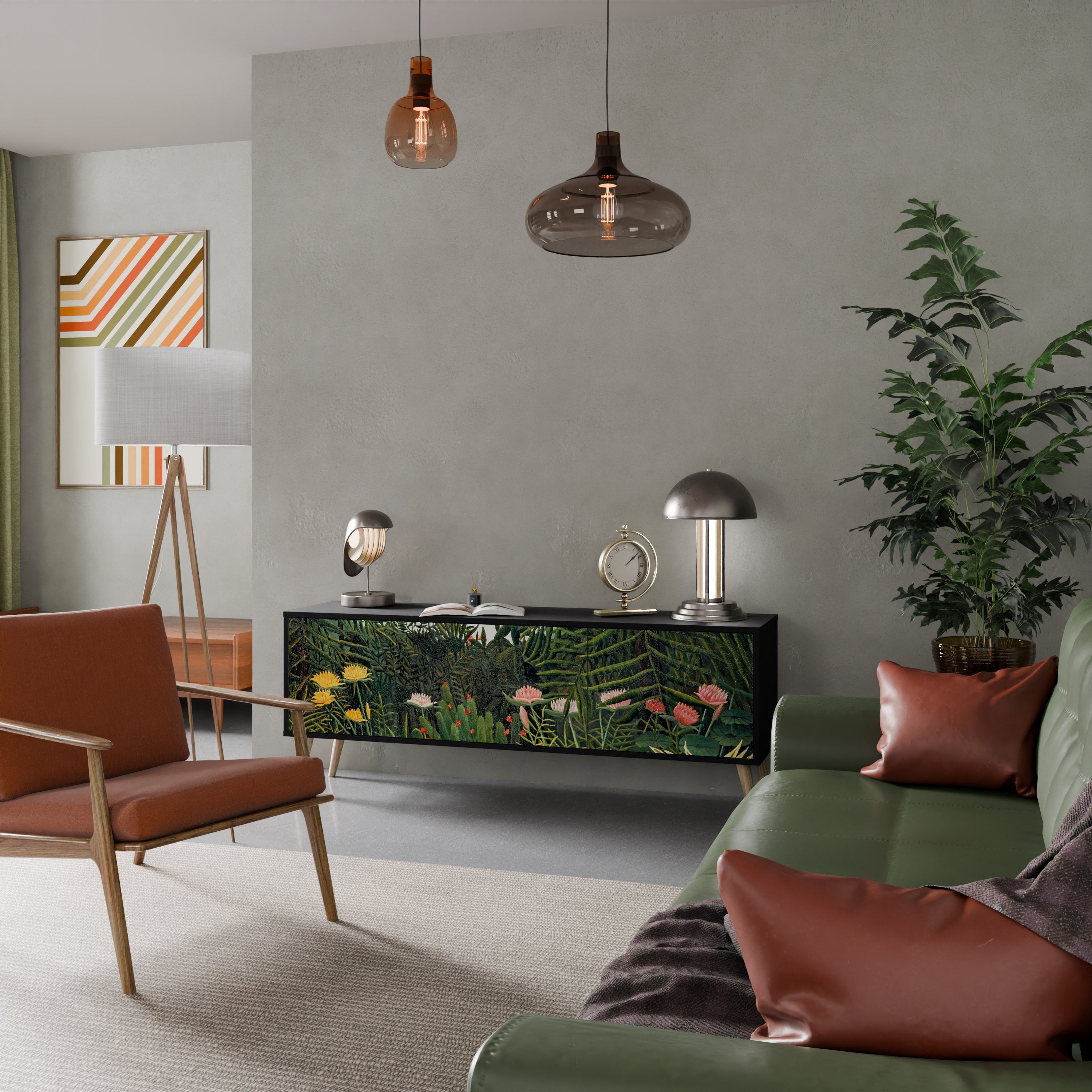 Meuble TV 3 portes FORÊT VIERGE AVEC COUCHER DE SOLEIL en finition noire