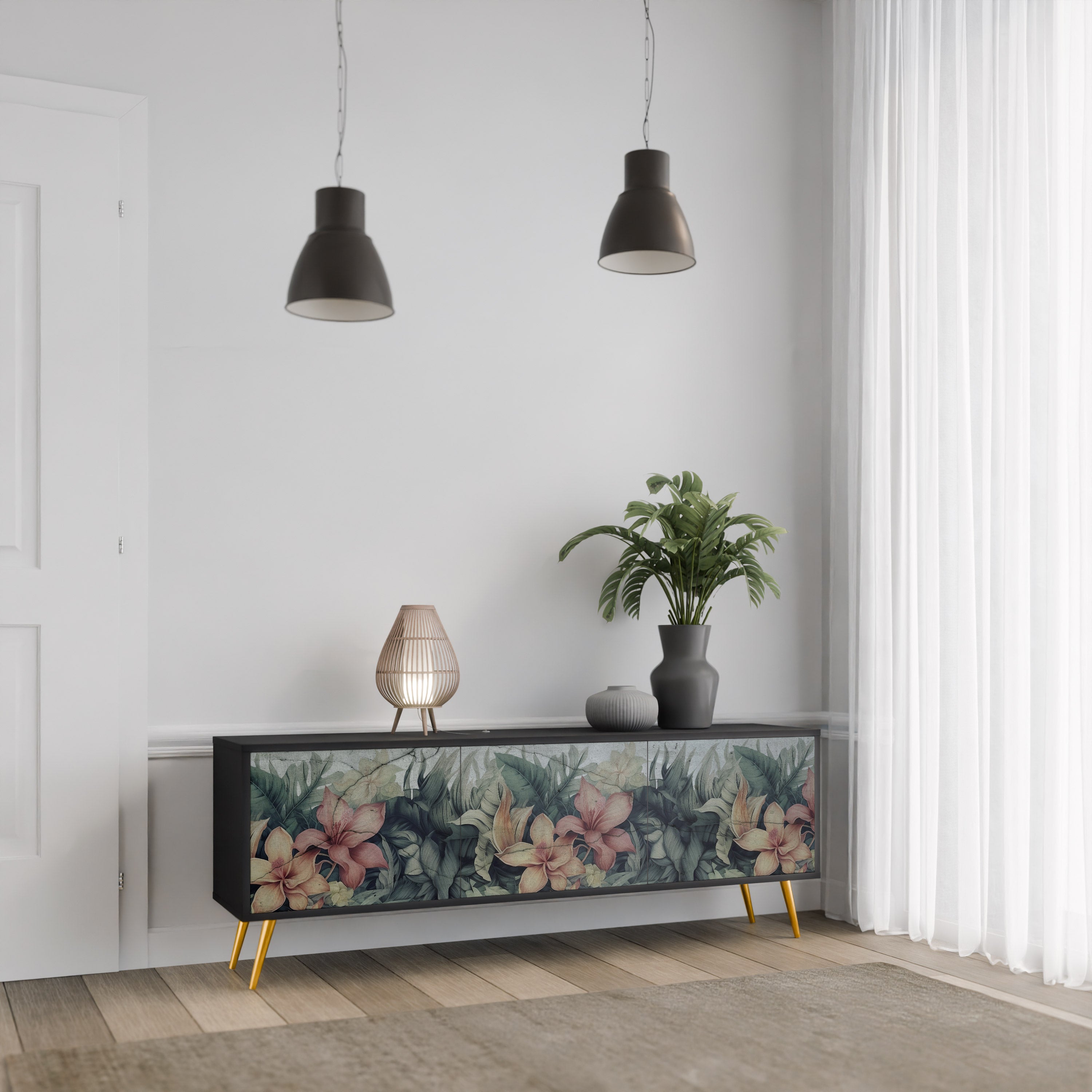 Meuble TV 3 portes HEAVENLY BLOOM finition noire