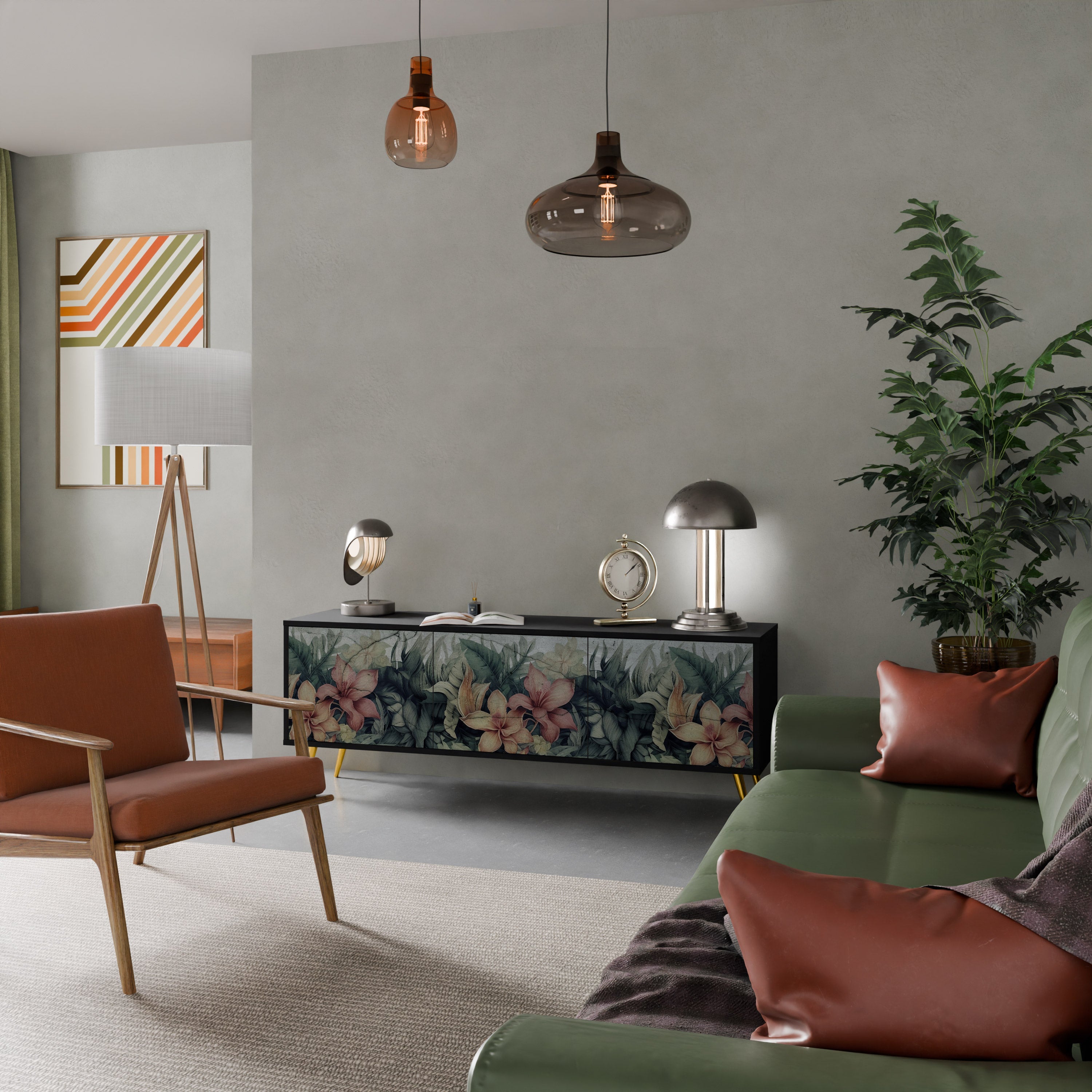 Meuble TV 3 portes HEAVENLY BLOOM finition noire