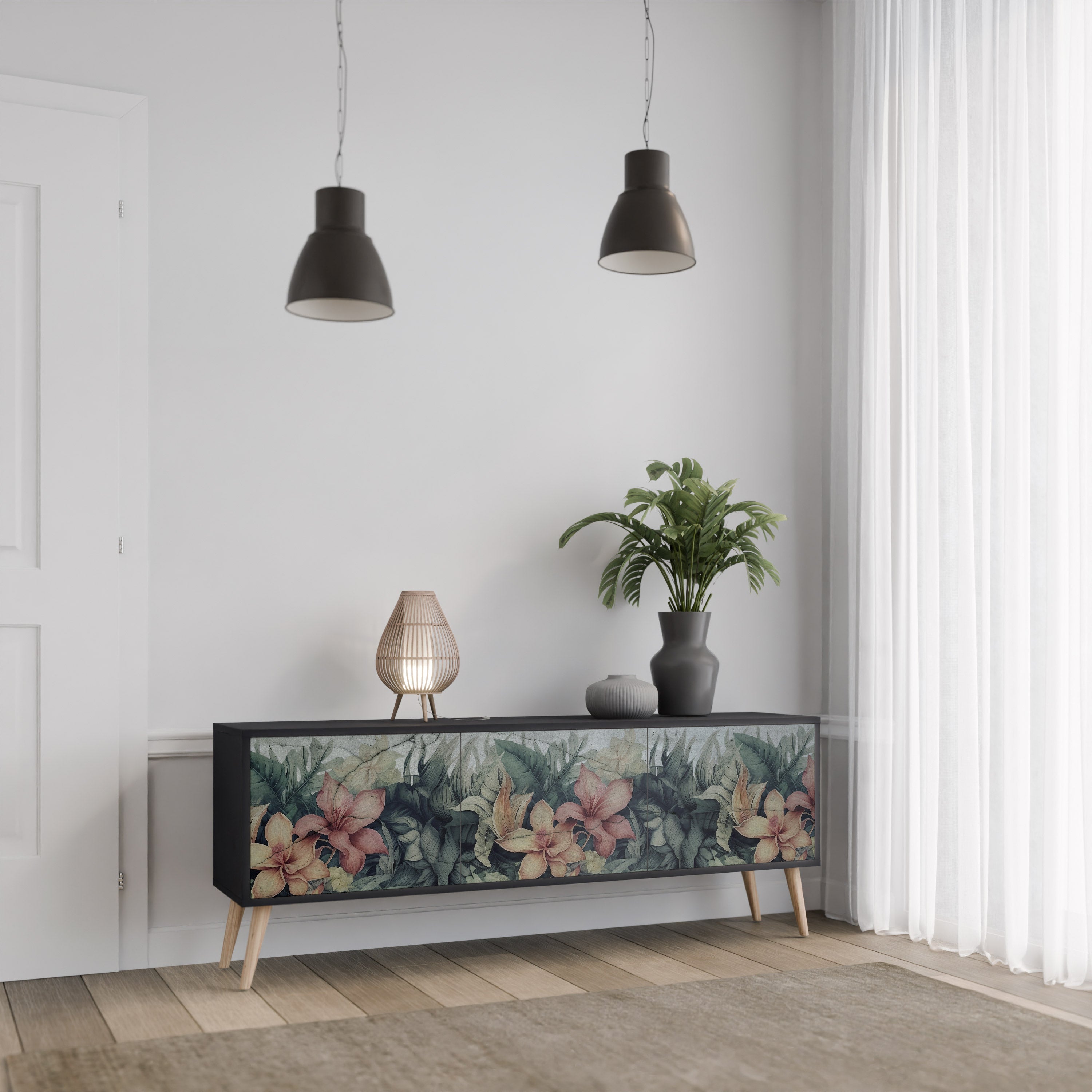 Meuble TV 3 portes HEAVENLY BLOOM finition noire