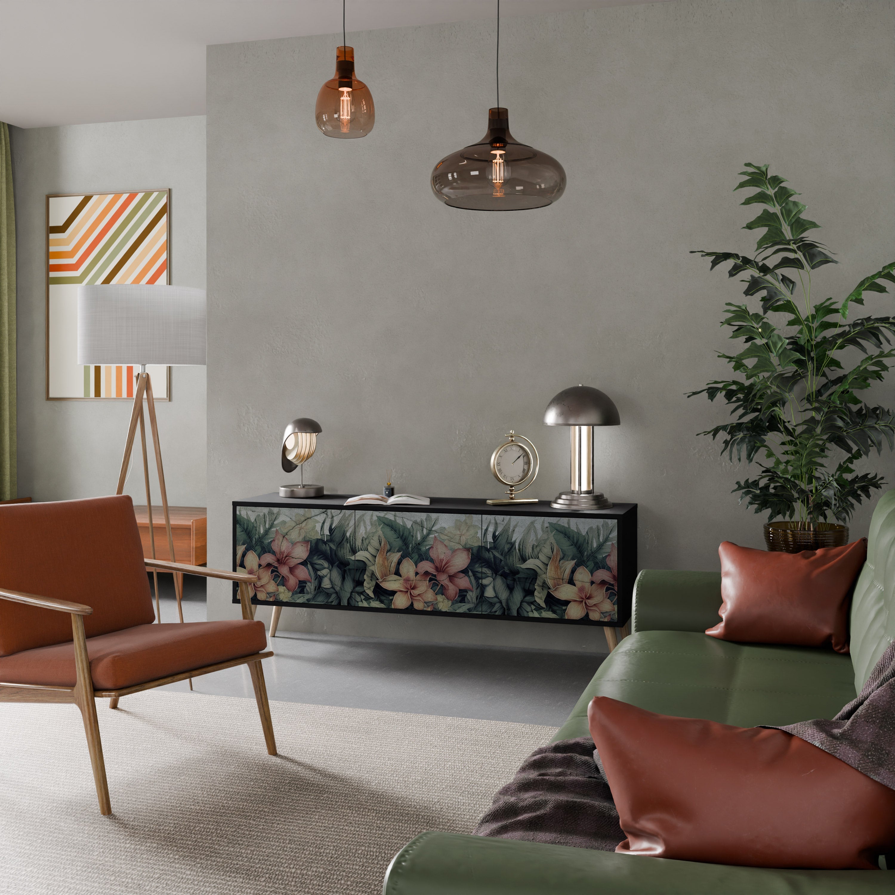 Meuble TV 3 portes HEAVENLY BLOOM finition noire