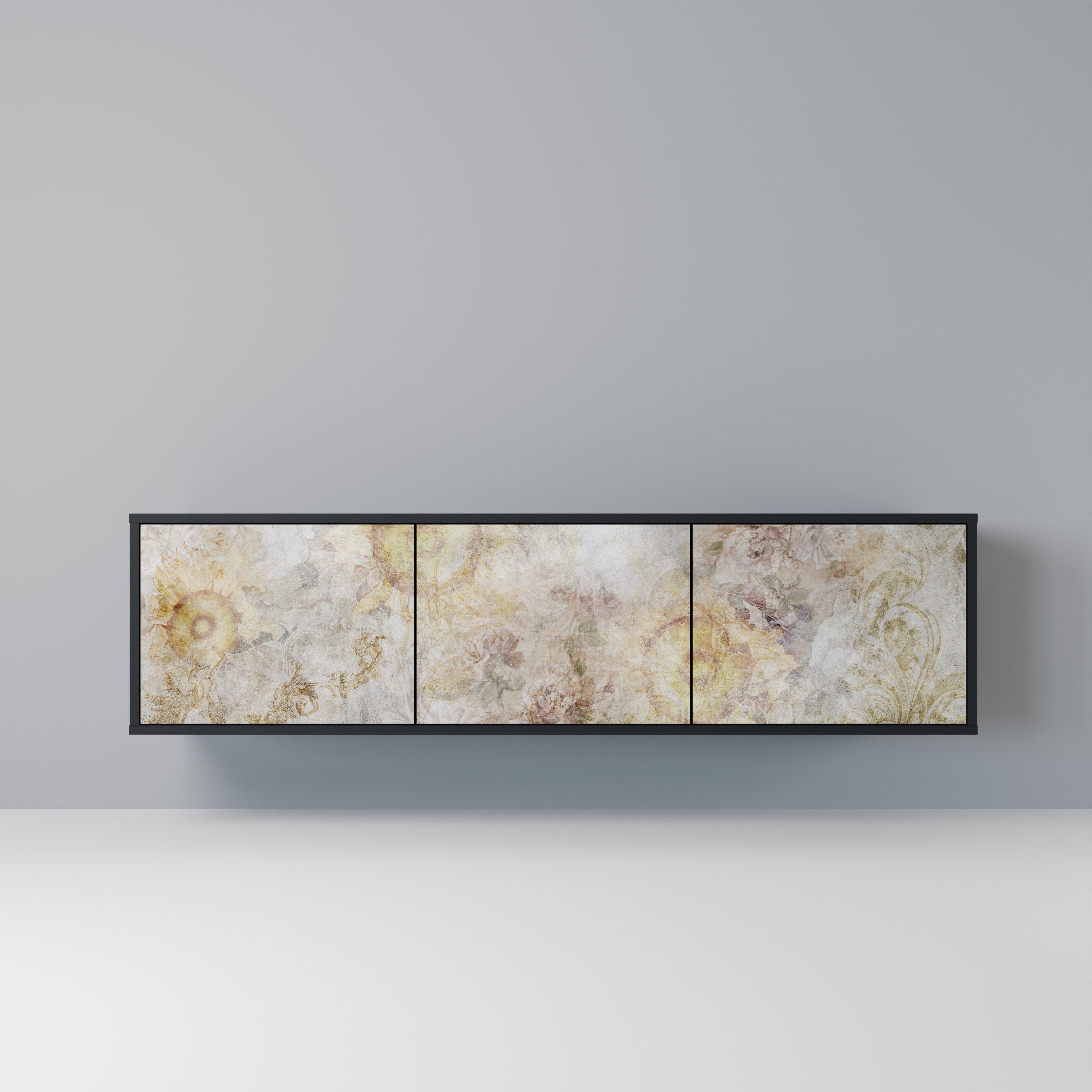 Meuble TV 3 portes SUNFLOWER BLUR, finition noire