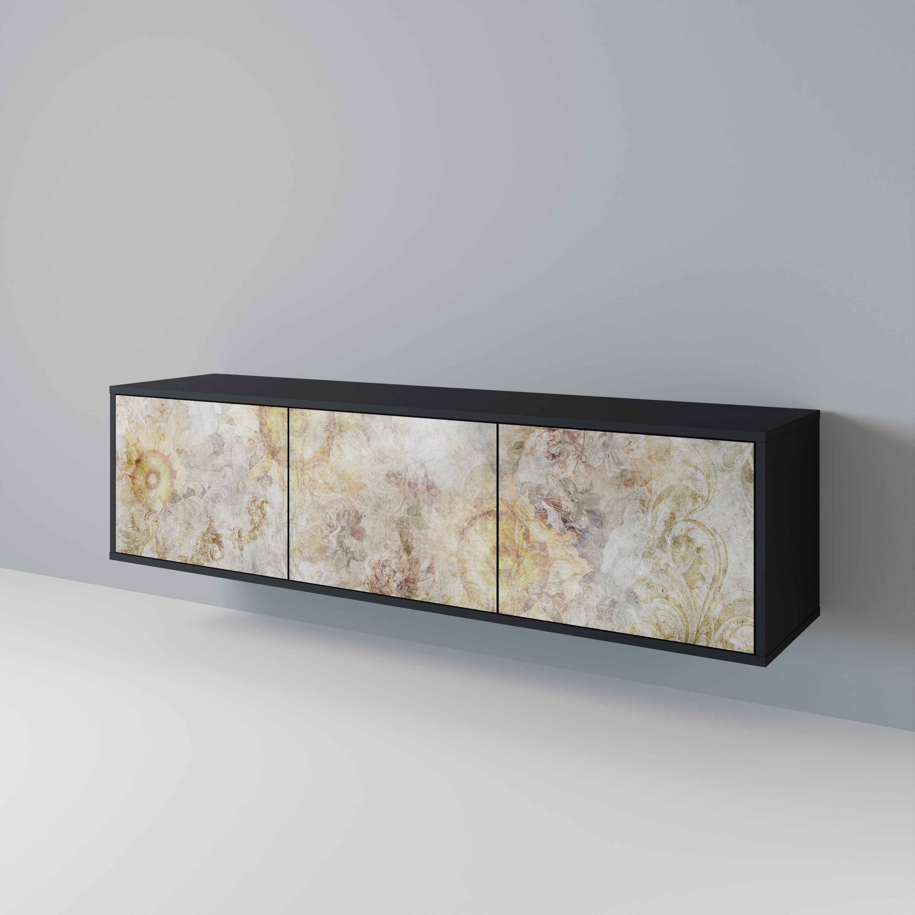 Meuble TV 3 portes SUNFLOWER BLUR, finition noire