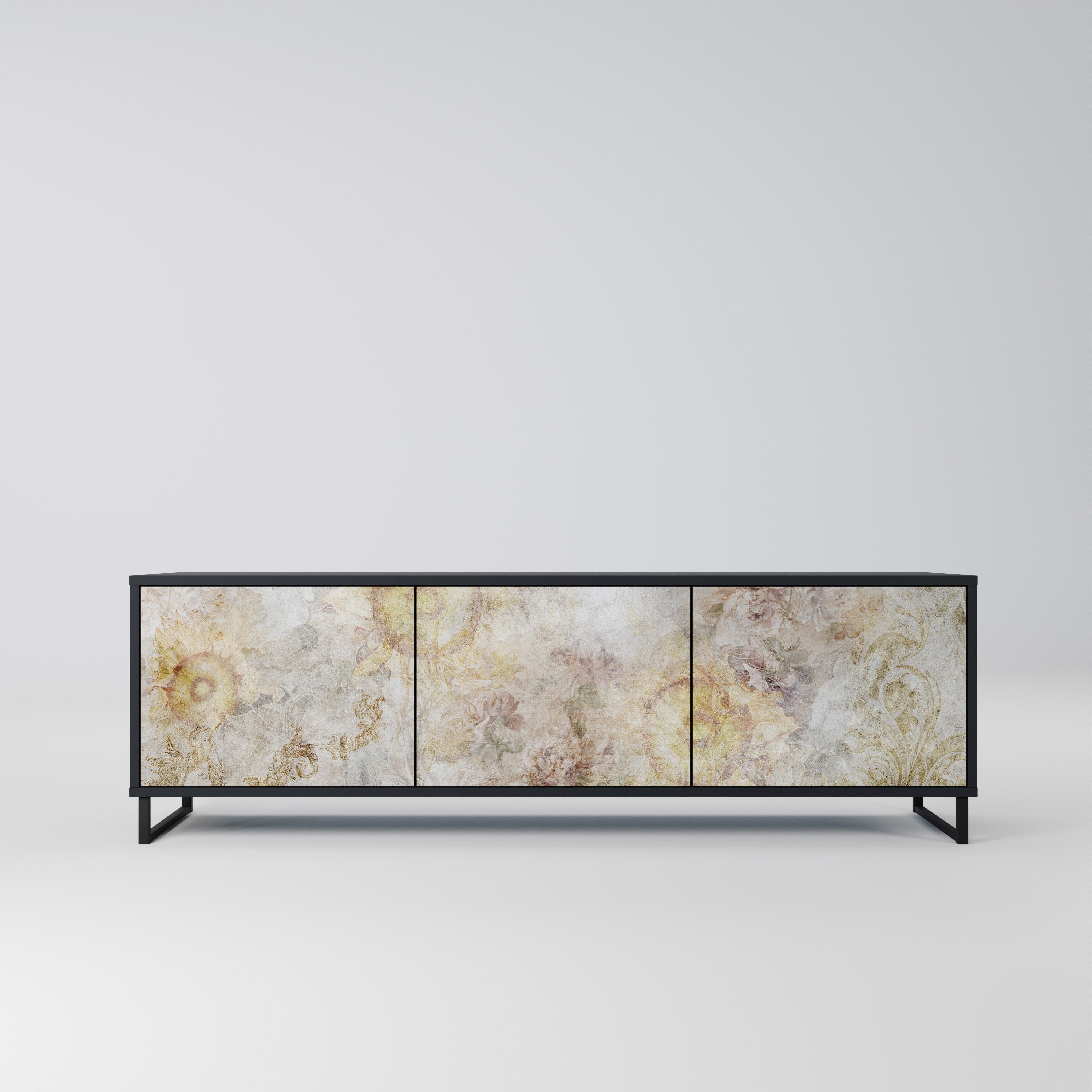 Meuble TV 3 portes SUNFLOWER BLUR, finition noire