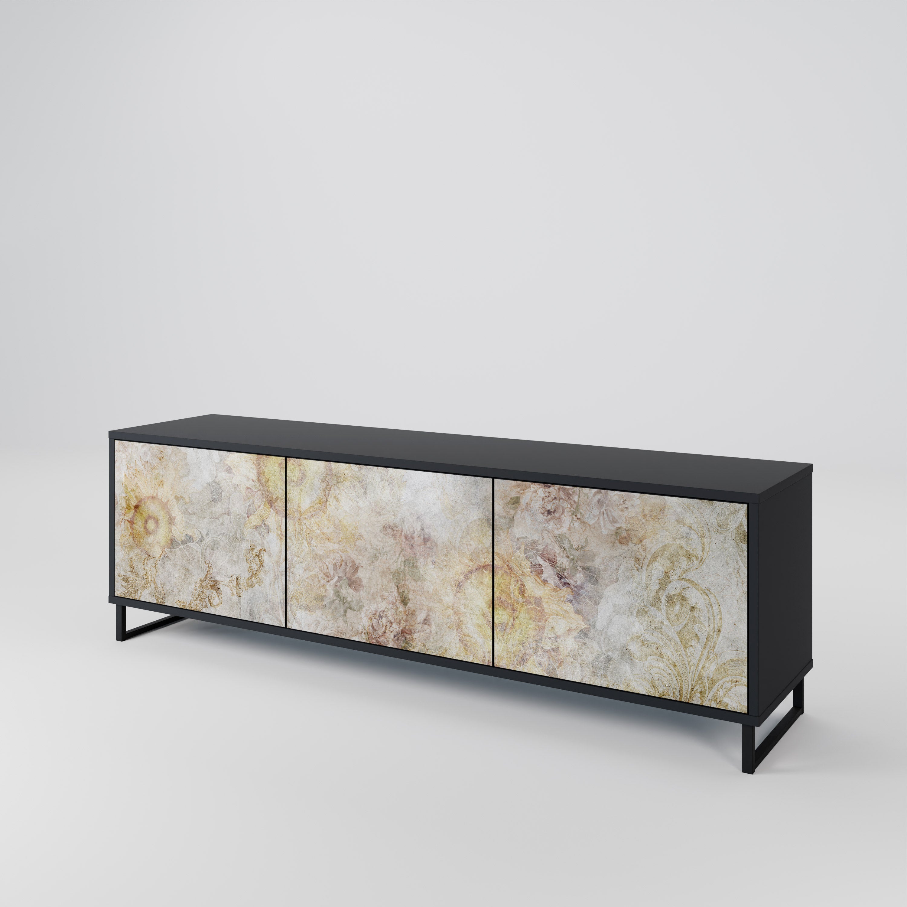 Meuble TV 3 portes SUNFLOWER BLUR, finition noire