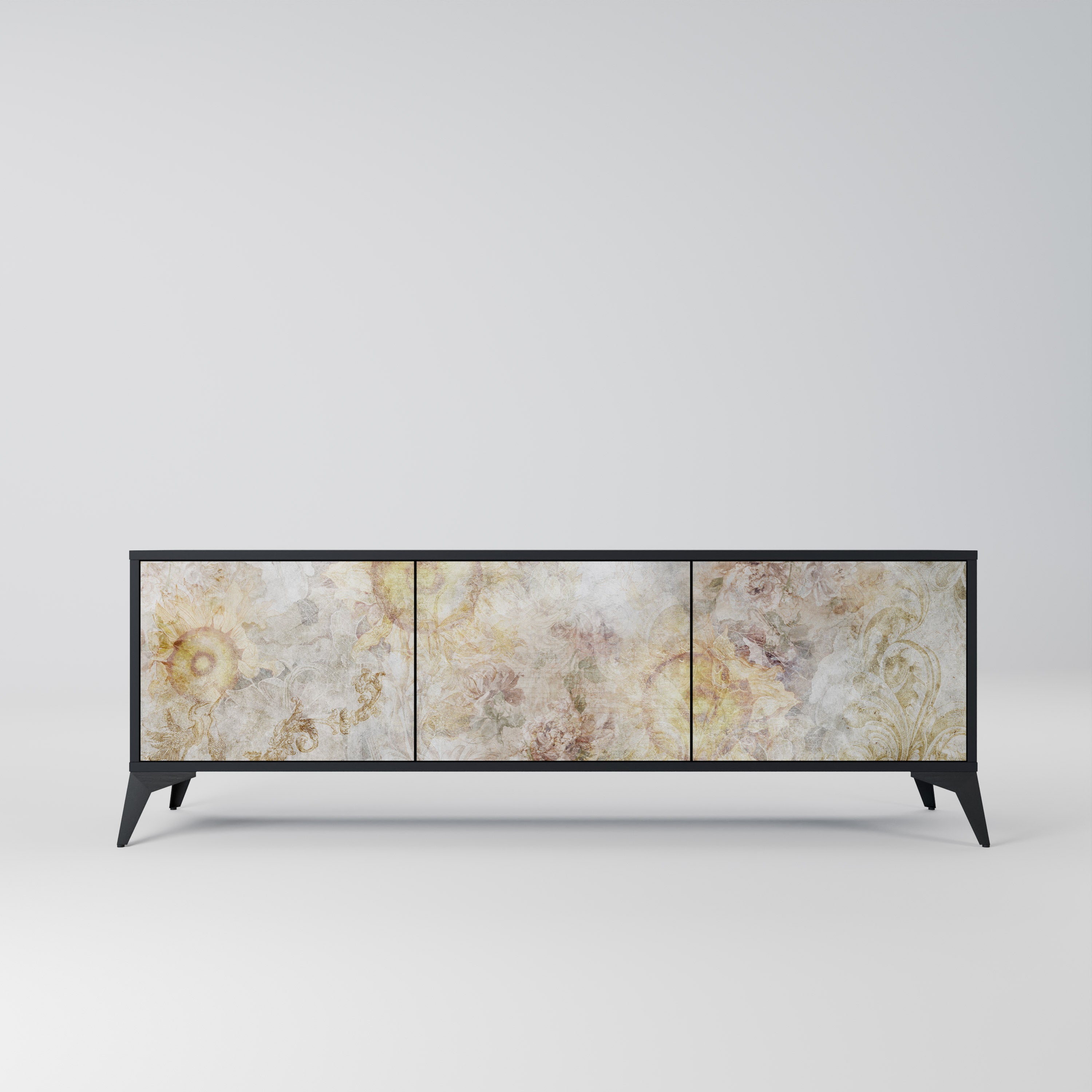 Meuble TV 3 portes SUNFLOWER BLUR, finition noire