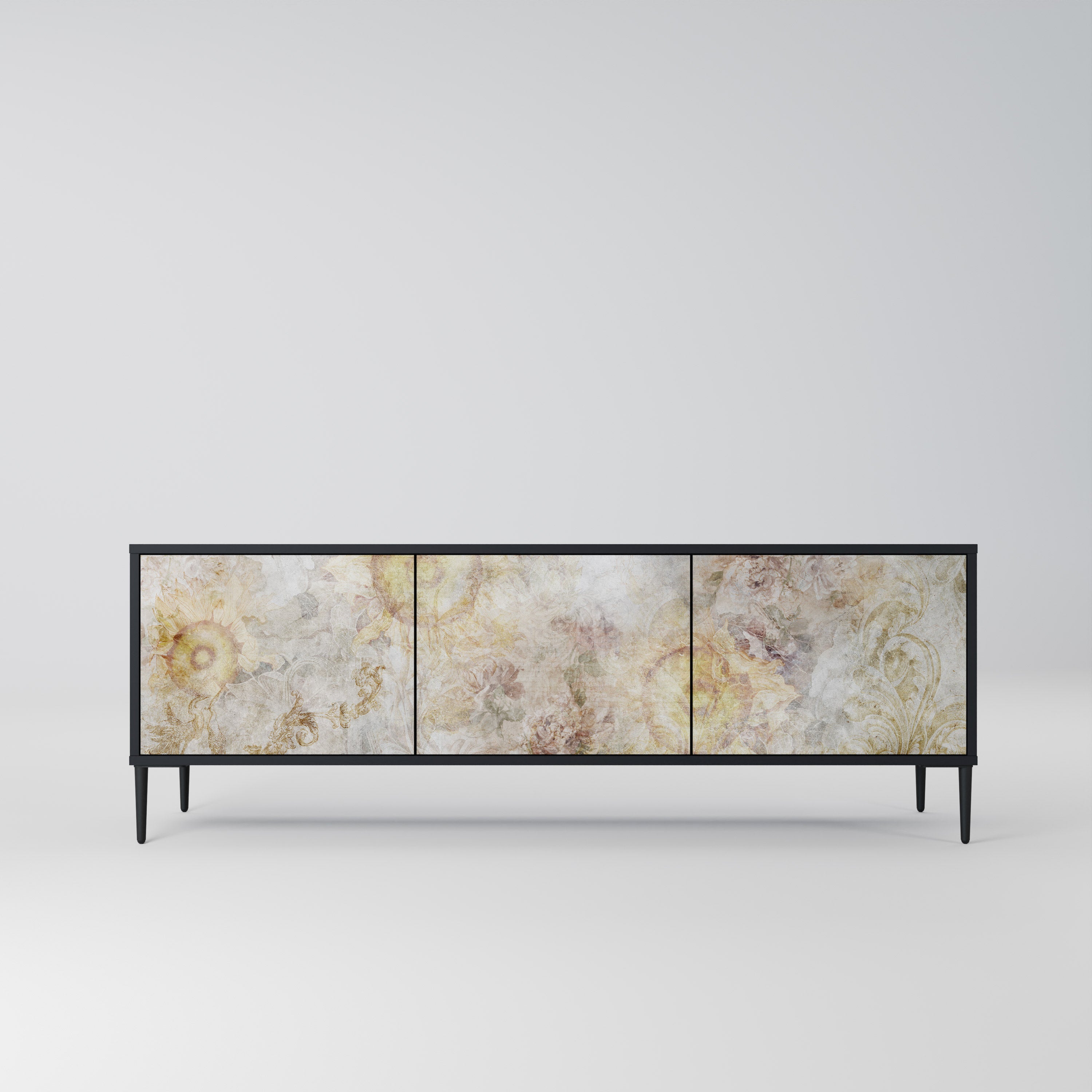 Meuble TV 3 portes SUNFLOWER BLUR, finition noire