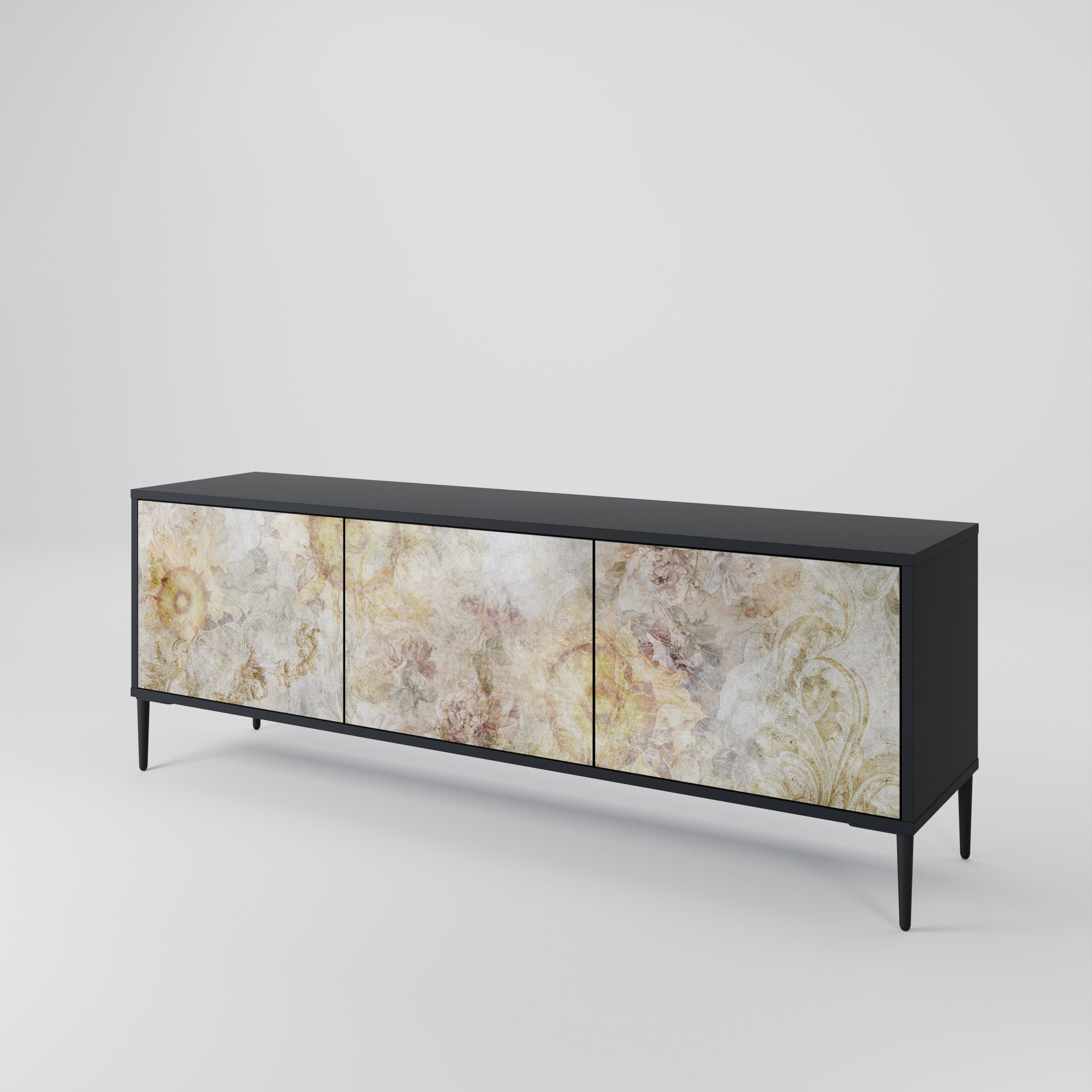 Meuble TV 3 portes SUNFLOWER BLUR, finition noire