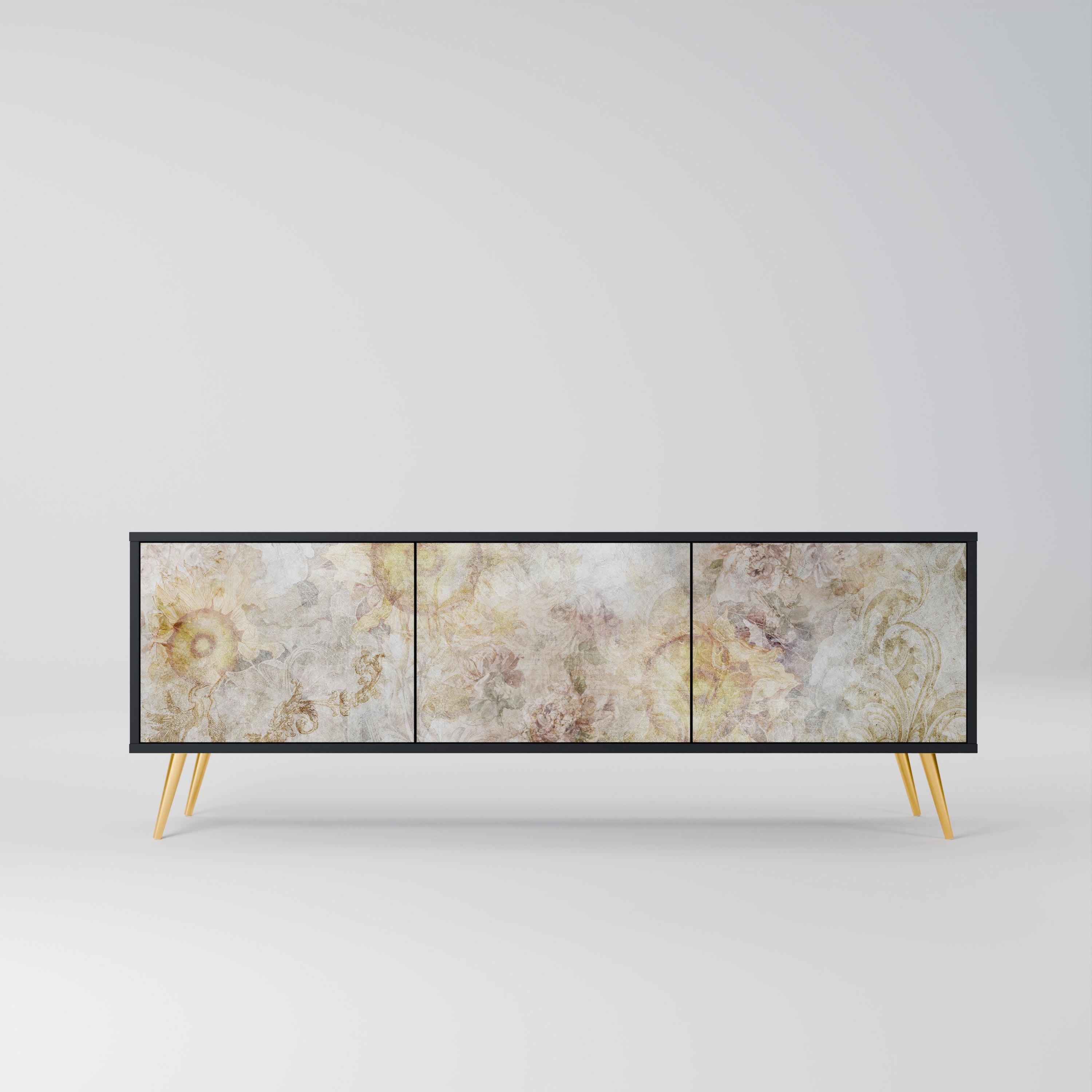 Meuble TV 3 portes SUNFLOWER BLUR, finition noire