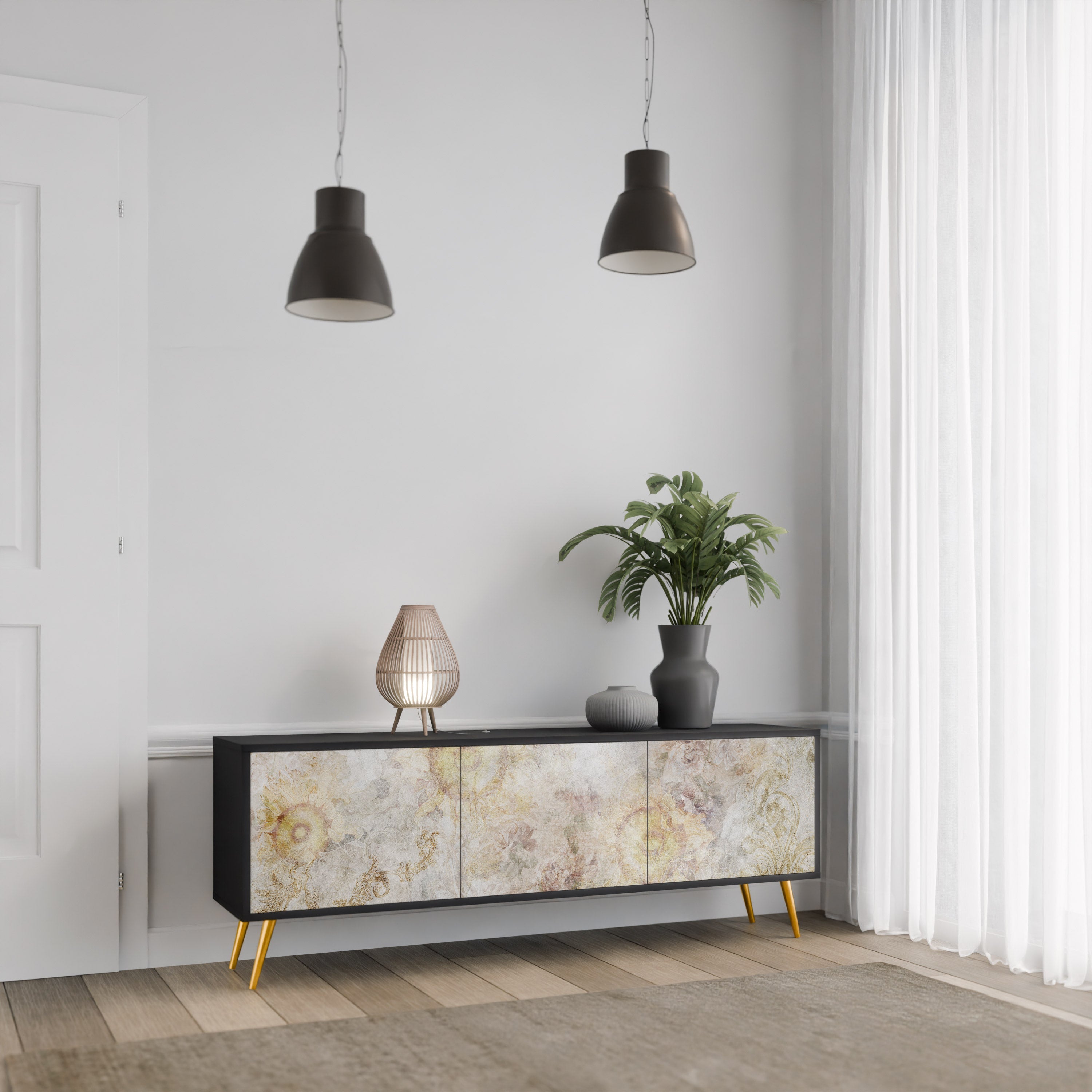 Meuble TV 3 portes SUNFLOWER BLUR, finition noire