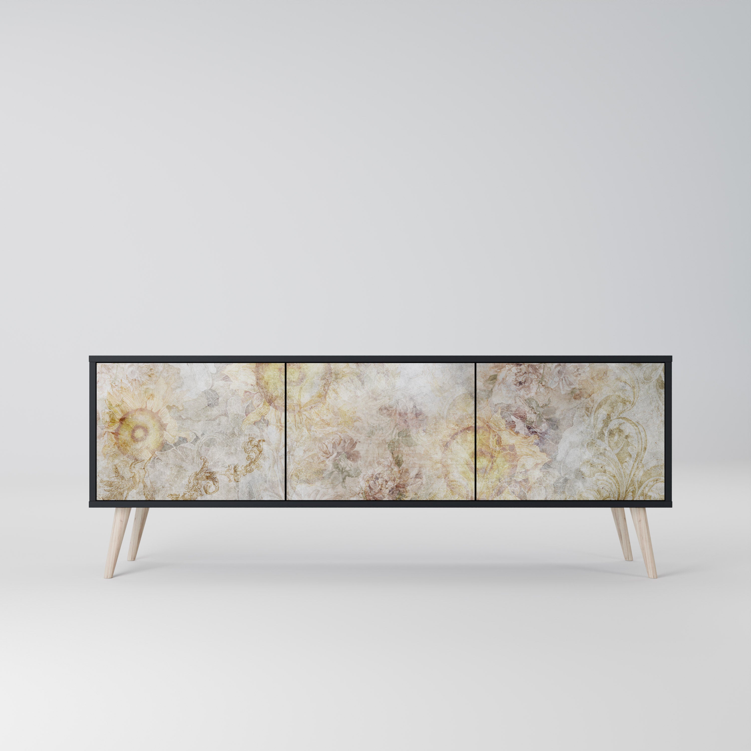 Meuble TV 3 portes SUNFLOWER BLUR, finition noire