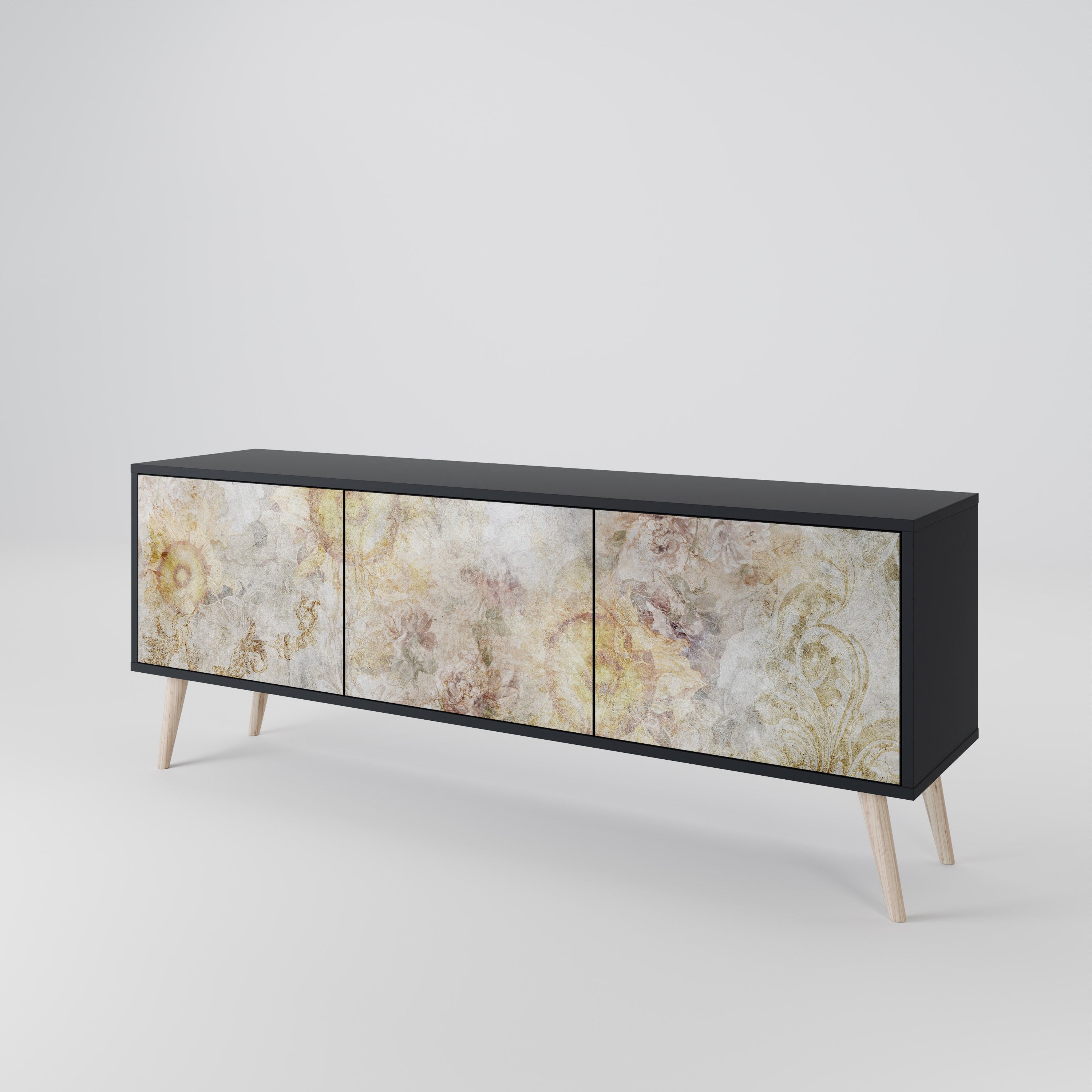 Meuble TV 3 portes SUNFLOWER BLUR, finition noire