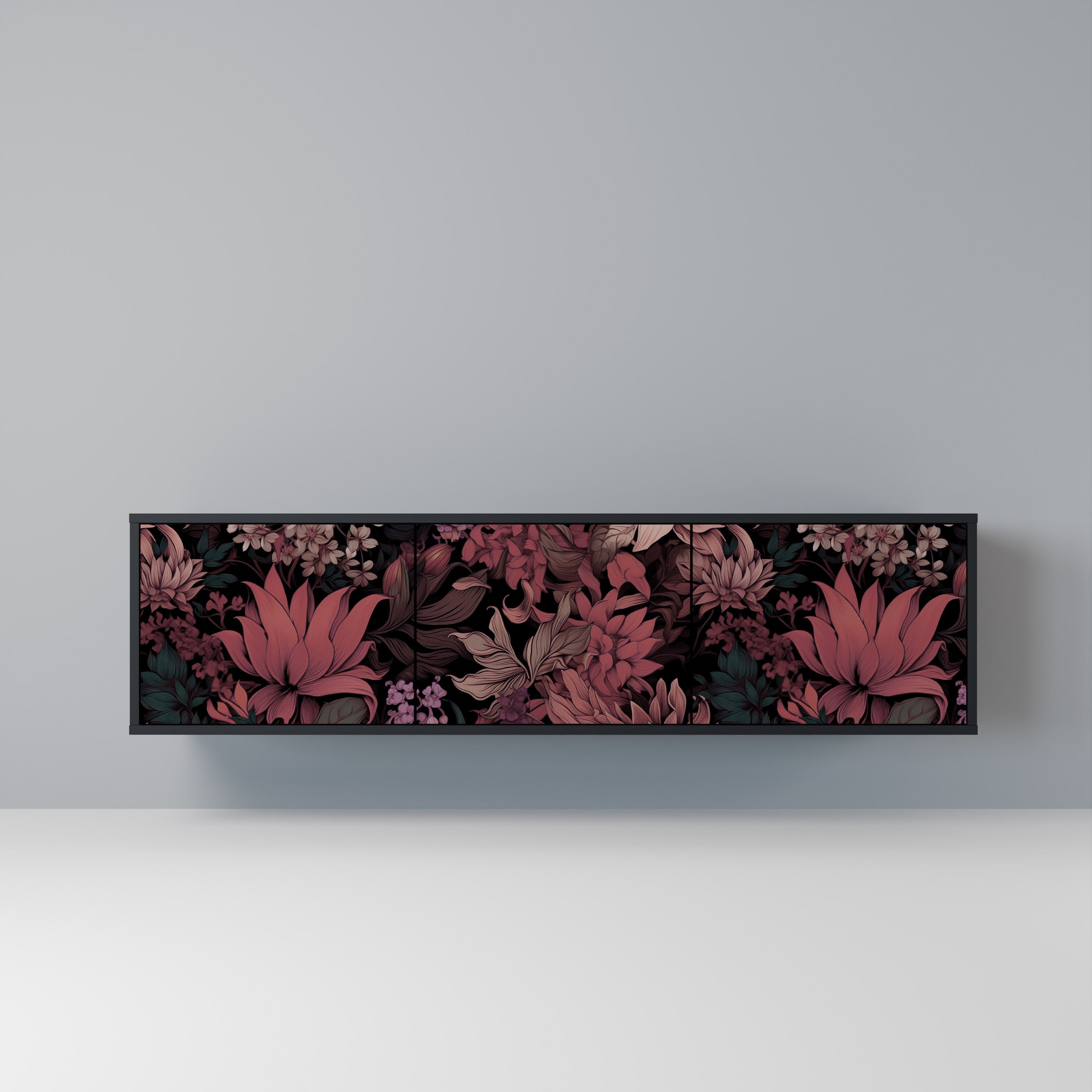 Meuble TV 3 portes FLORAL WHISPER finition noire