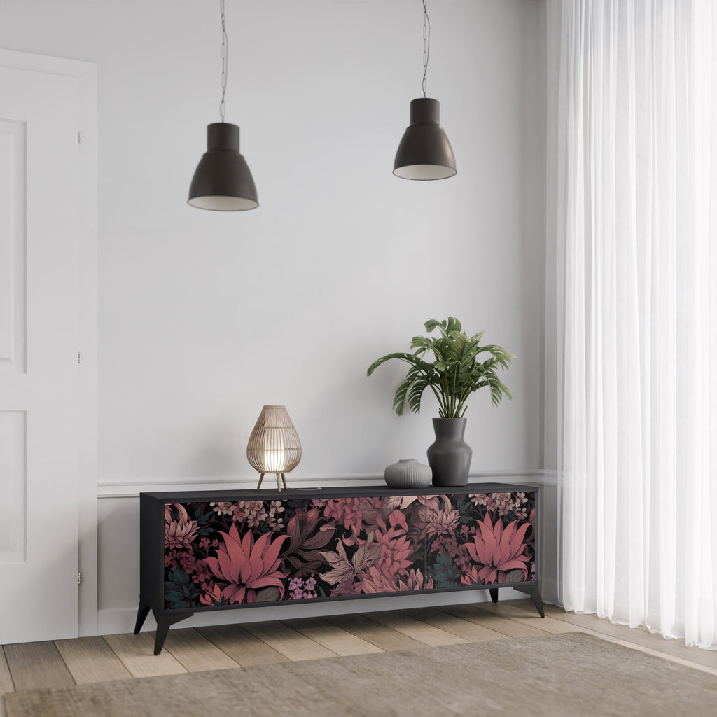 Meuble TV 3 portes FLORAL WHISPER finition noire