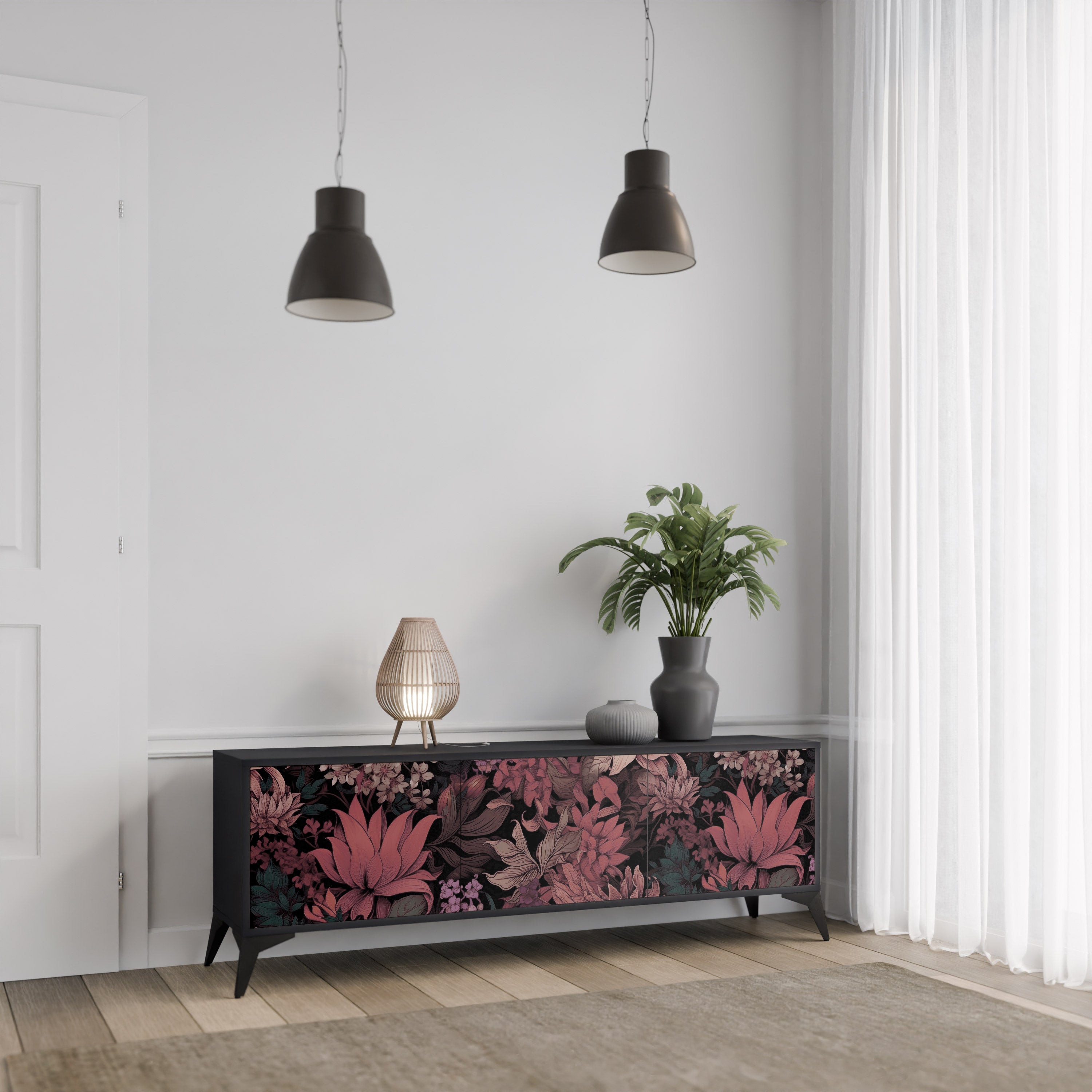 Meuble TV 3 portes FLORAL WHISPER finition noire