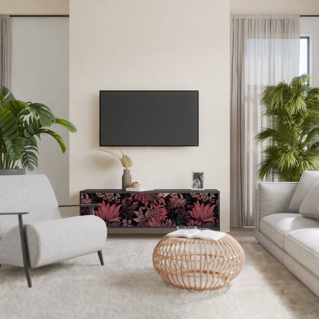 Meuble TV 3 portes FLORAL WHISPER finition noire