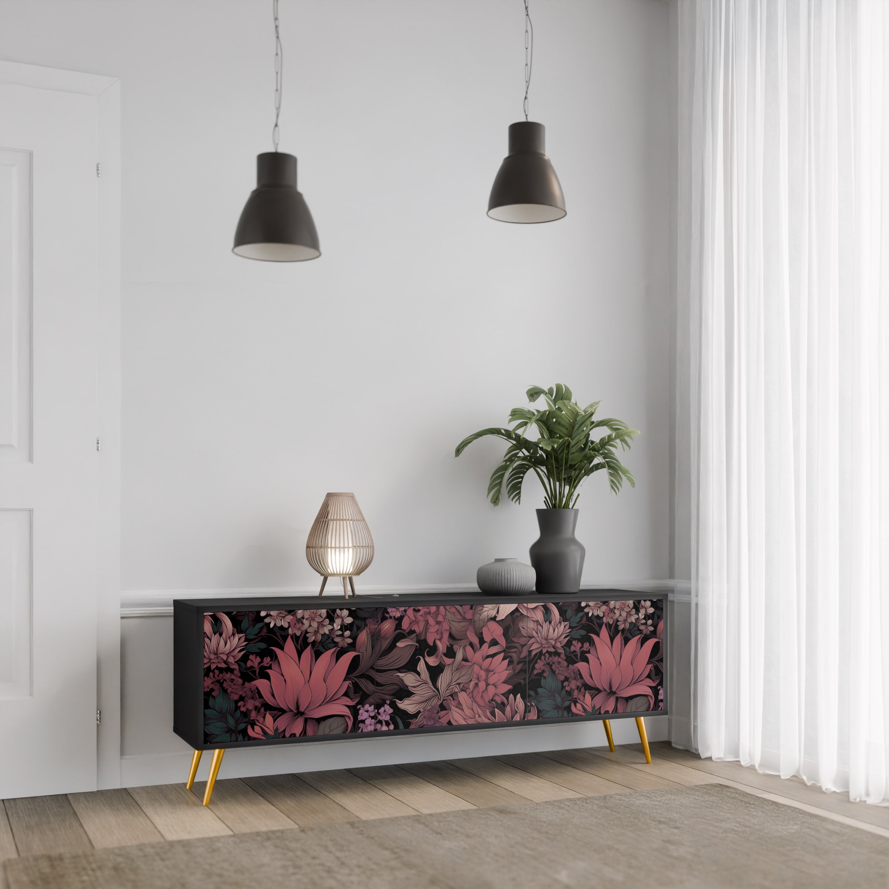 Meuble TV 3 portes FLORAL WHISPER finition noire