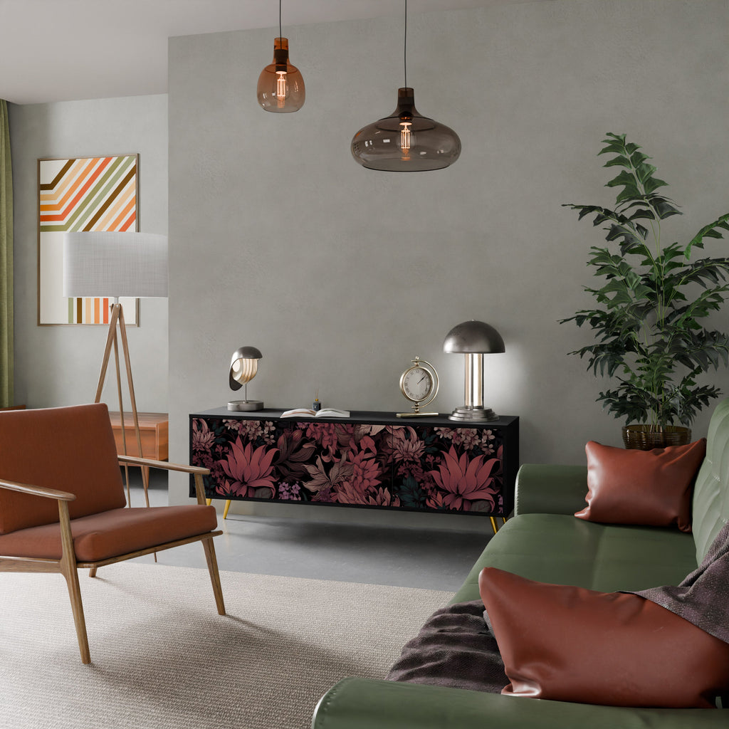 Meuble TV 3 portes FLORAL WHISPER finition noire