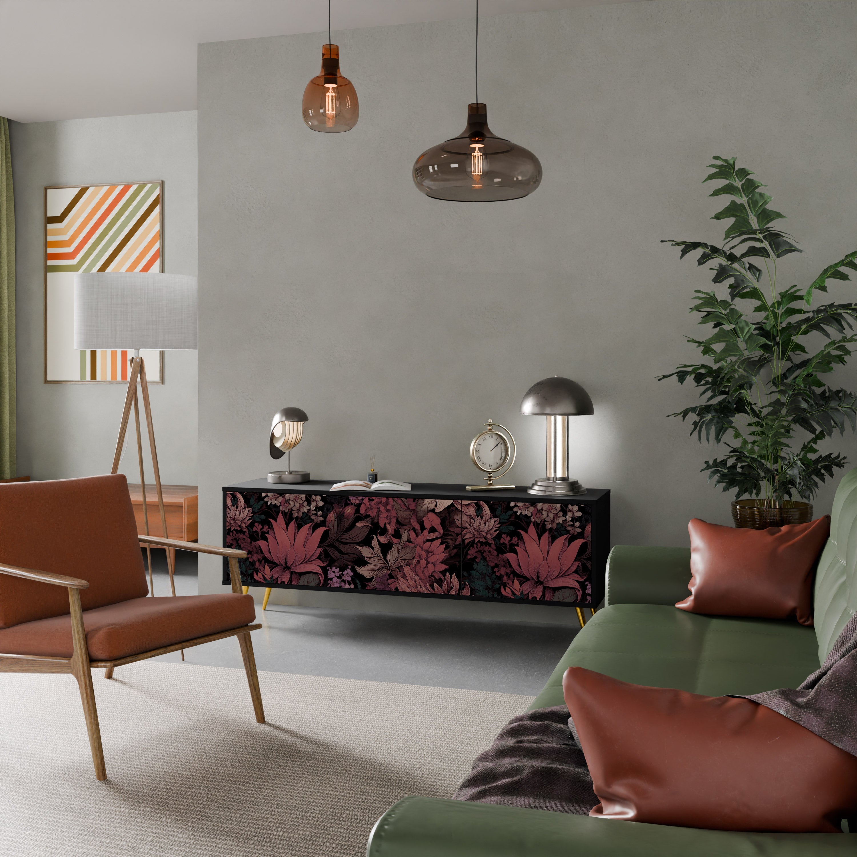 Meuble TV 3 portes FLORAL WHISPER finition noire