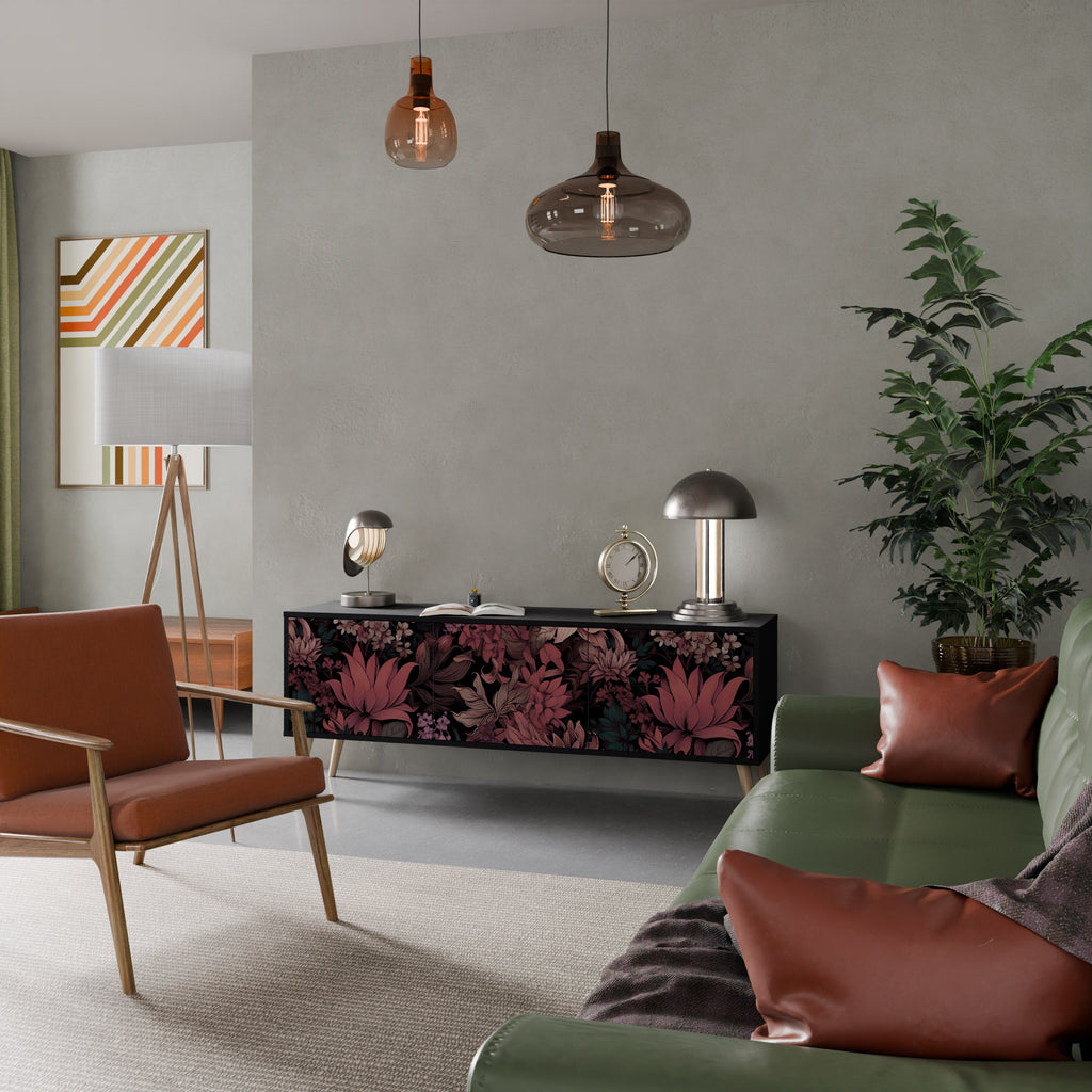 Meuble TV 3 portes FLORAL WHISPER finition noire